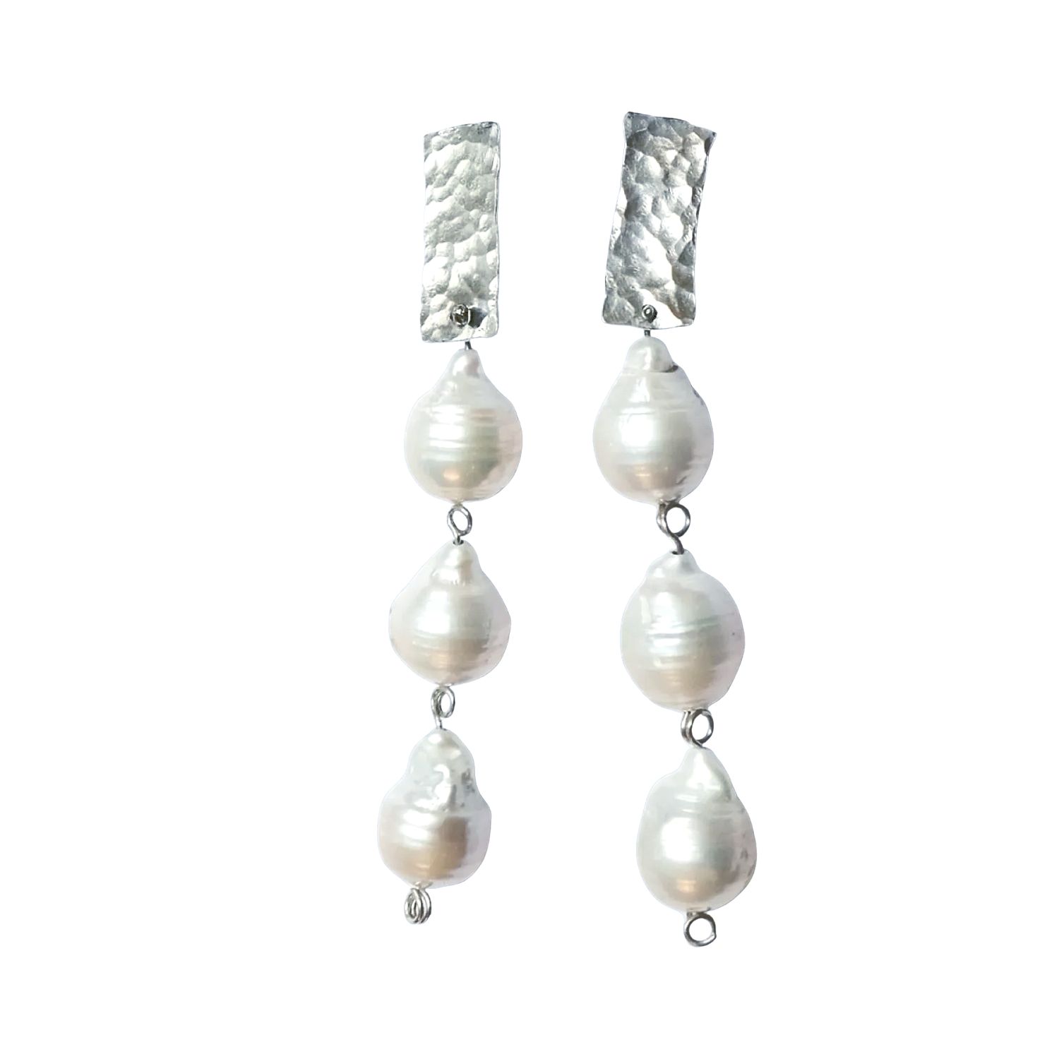 Oolo London Women's White / Silver Rain Rain Rain Drops Hammered Silver And Baroque Pearl Drops