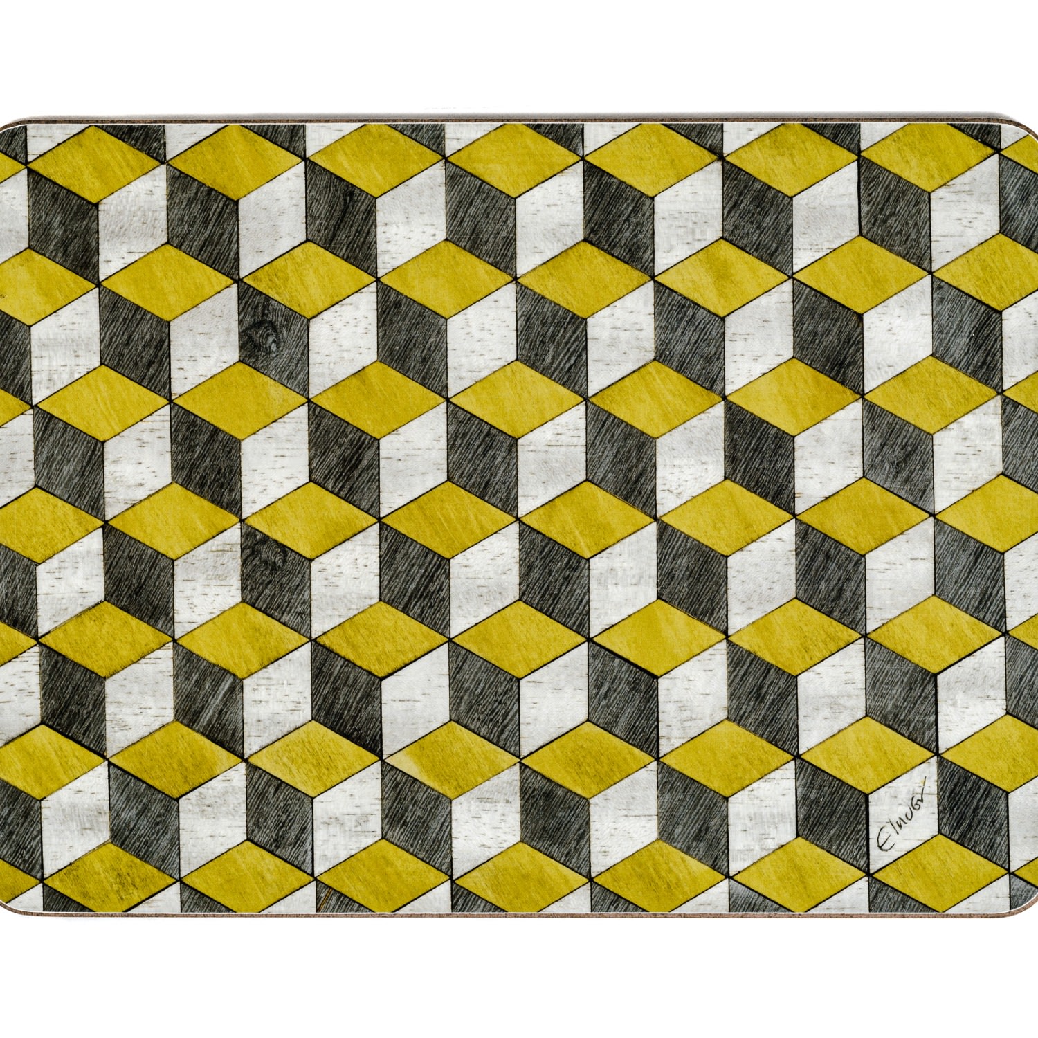 Grey / Yellow / Orange Four Large Placemats In Retro Style Geometric Design In Yellow And Greys With Heat Resistant Melamine Coating. E. Inder Designs