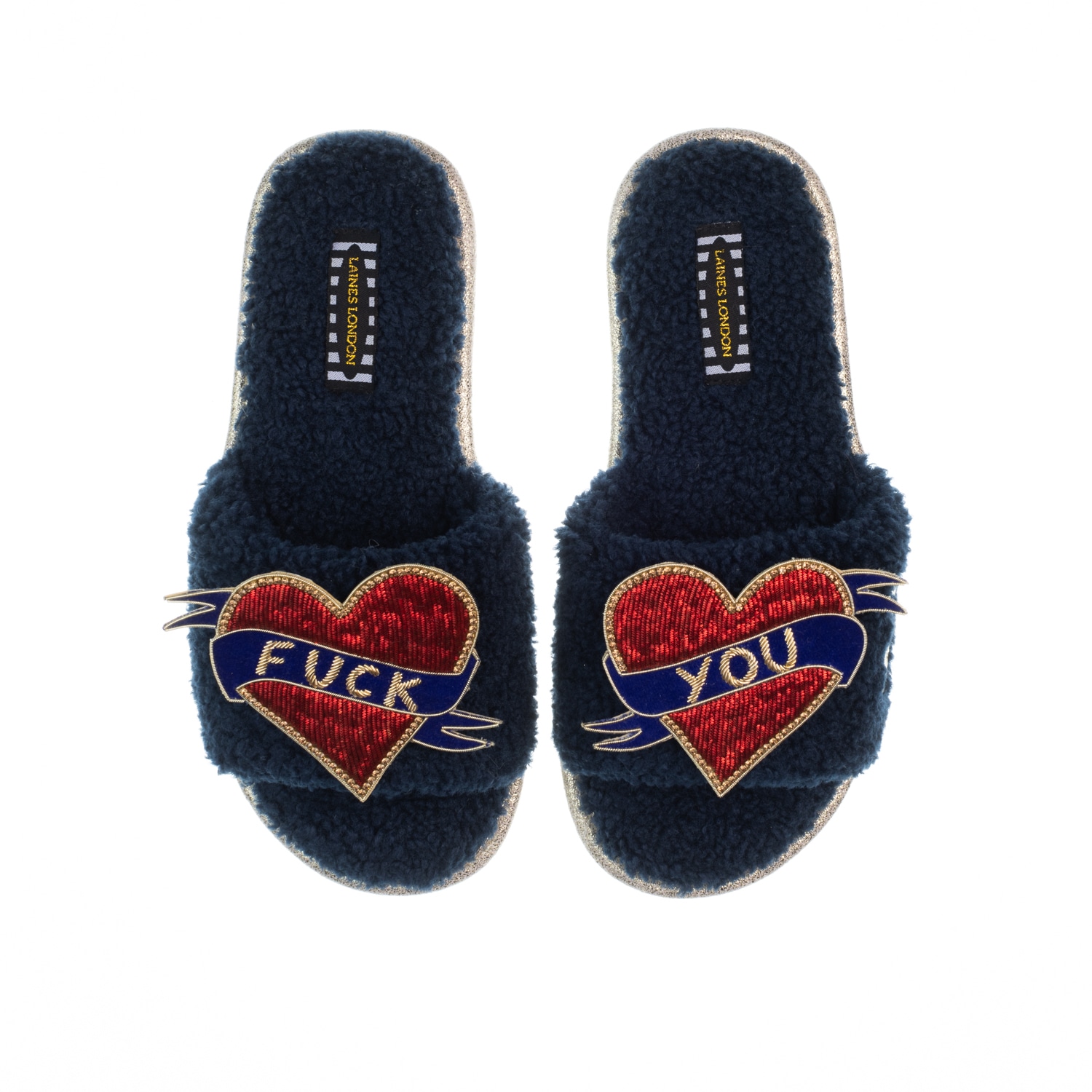 Laines London Women's Blue Teddy Toweling Slipper Sliders With Fuck You Brooches - Navy In Blue