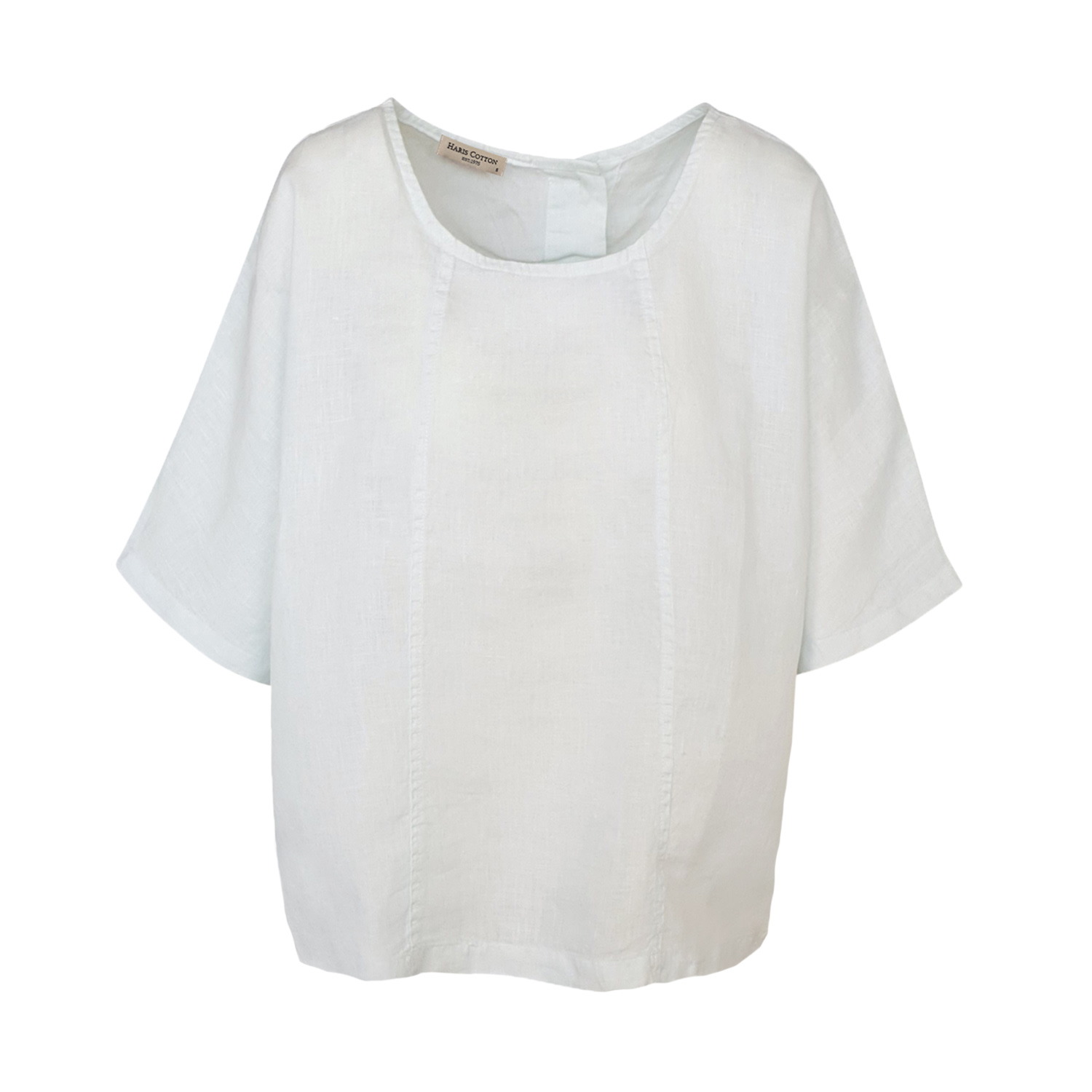 Haris Cotton Women's Round Neck Linen Blouse With Batwing Sleeve And Back Buttons White In White