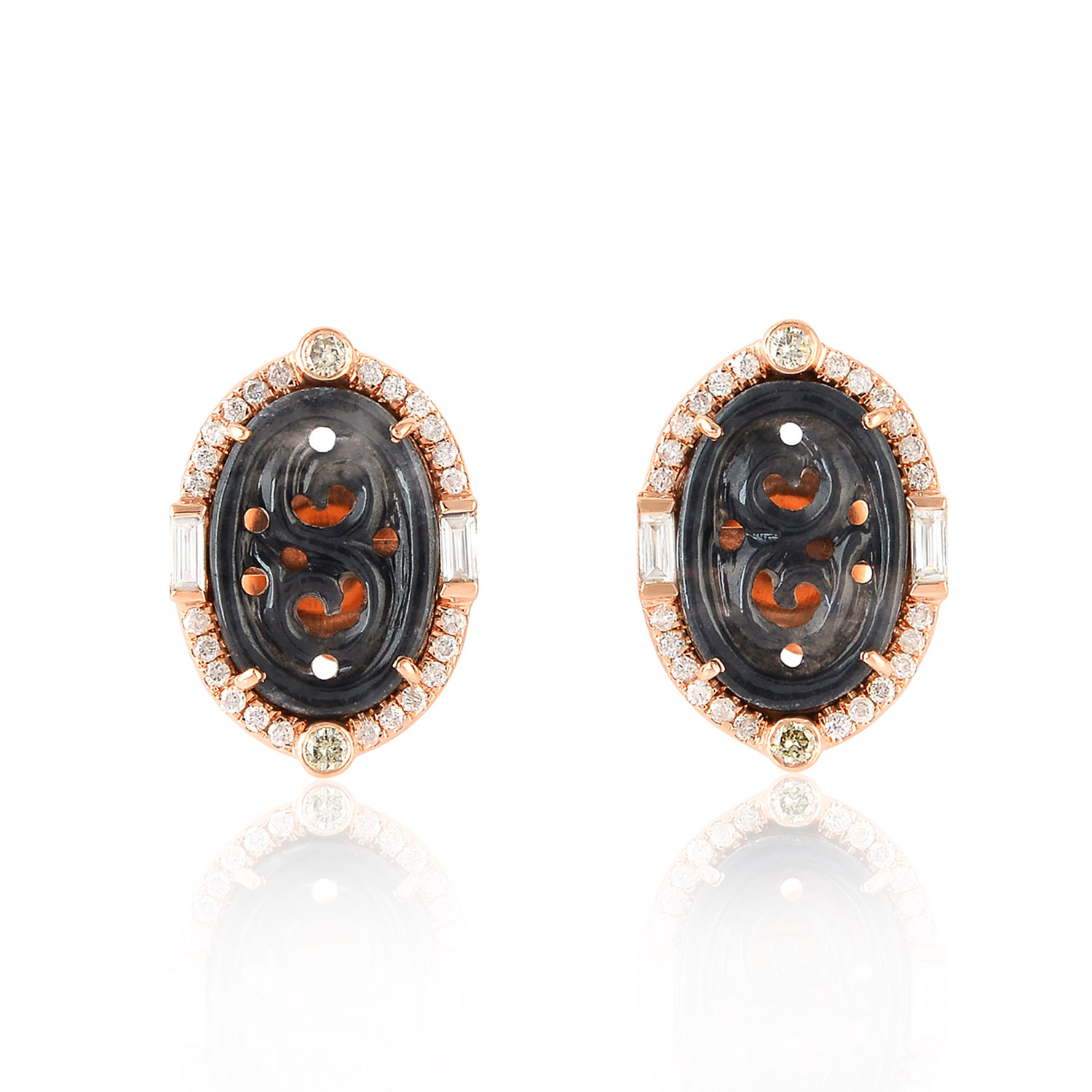 Women’s Black / Rose Gold / White 18K Rose Gold Natural Pave Diamond Carved Jade Gemstone Stud Earrings Artisan