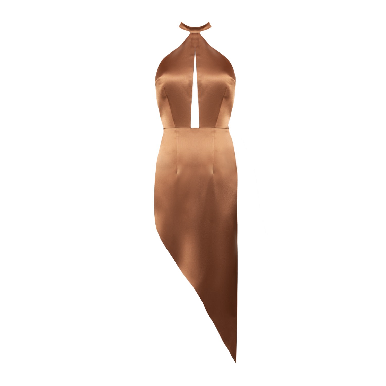 Shop Nomi Fame Women's Pamela Brown Satin Halter Neck  Dress With Asymmetric Skirt