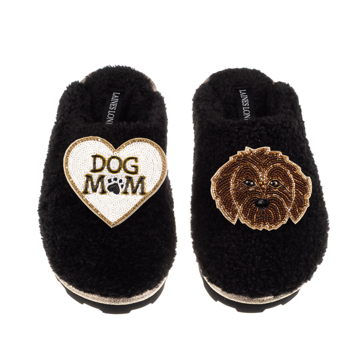 Laines London Women's Teddy Closed Toe Slippers With Dog Mum / Mom & Chocolate Cockapoo Brooches - Black In Black