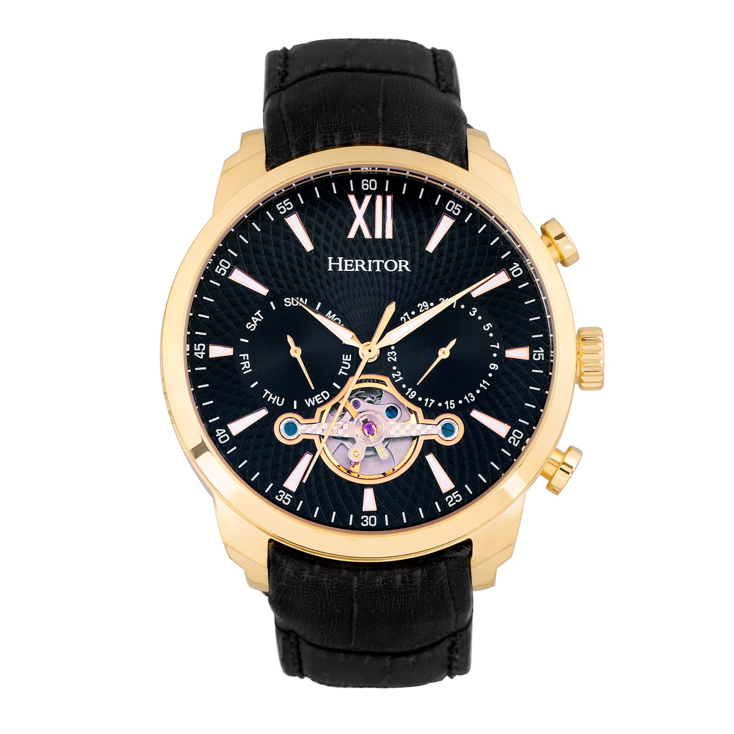 Heritor Automatic Men's Black / Gold Arthur Semi-skeleton Leather-band Watch With Day And Date - Black, Gold In Black/gold