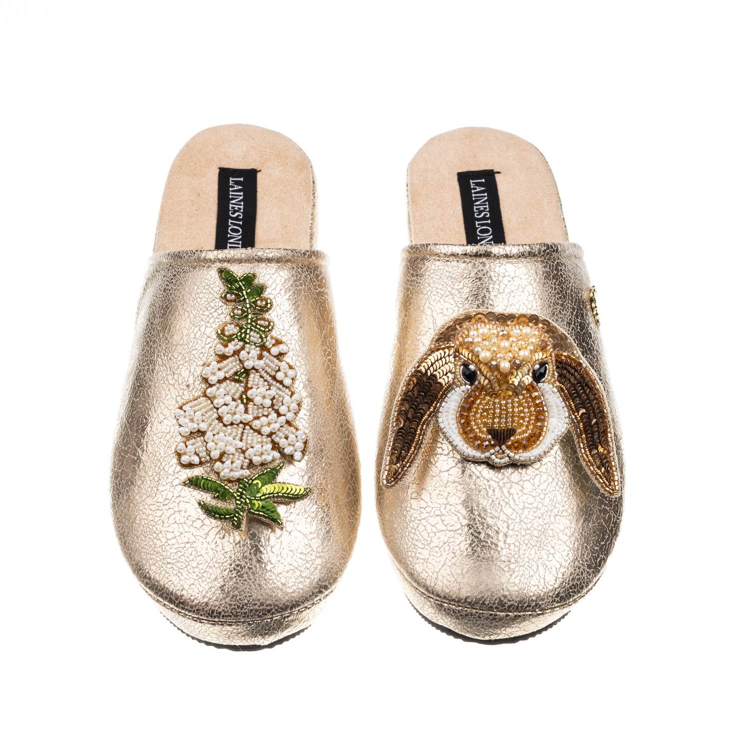 Laines London Women's  Gold Softie Slippers With White Foxglove Flowers & Bunny Brooches In Gold