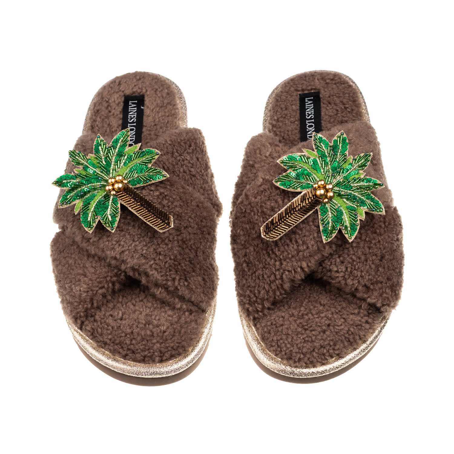 Laines London Women's Brown / Neutrals Laines Neutral Boucle Slippers With Double Palm Tree Brooches - Mink