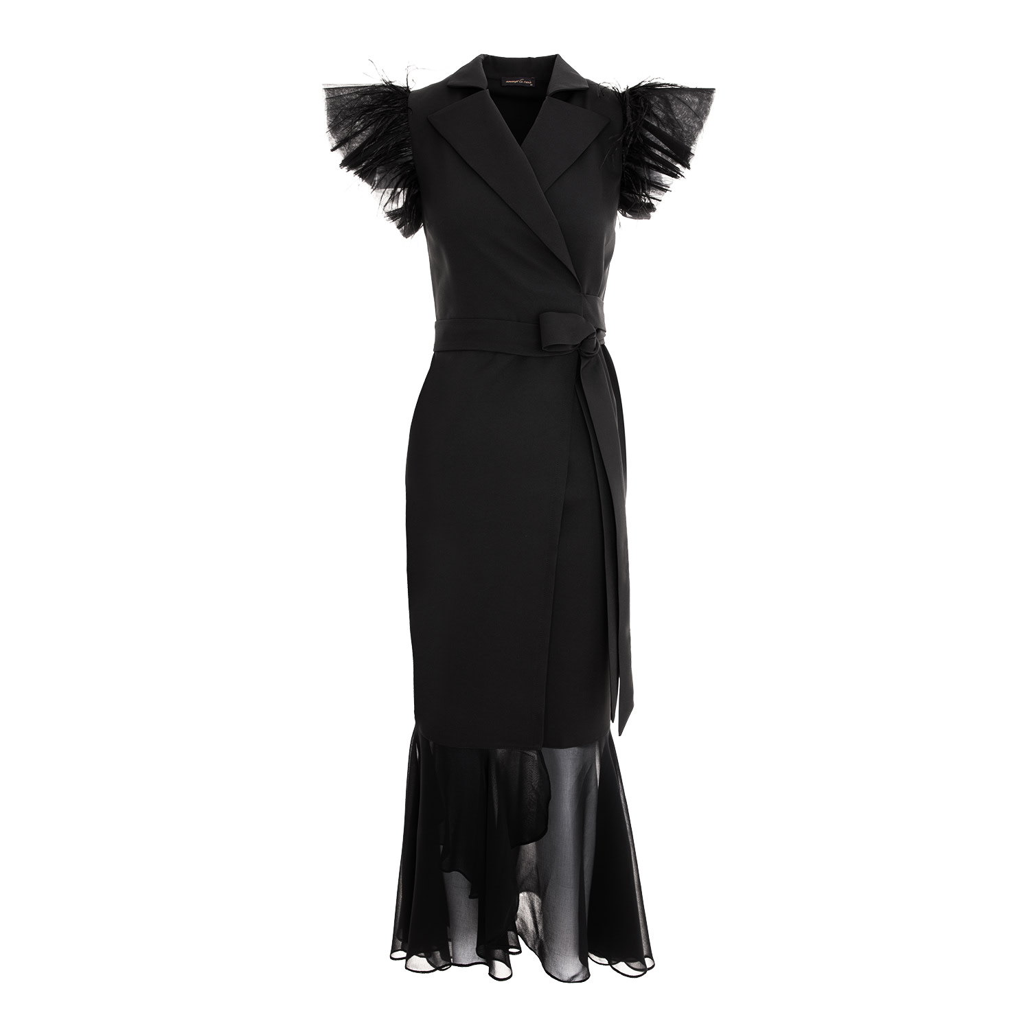 Women’s Long Black Blazer Wrap Dress With Tulle And Soft Veil Large Concept a Trois