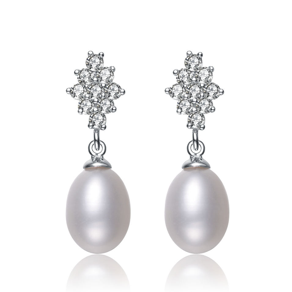 Women’s White / Silver Cubic Zirconia Sterling Silver Rhodium Plated Pearl Drop Earrings Genevive Jewelry