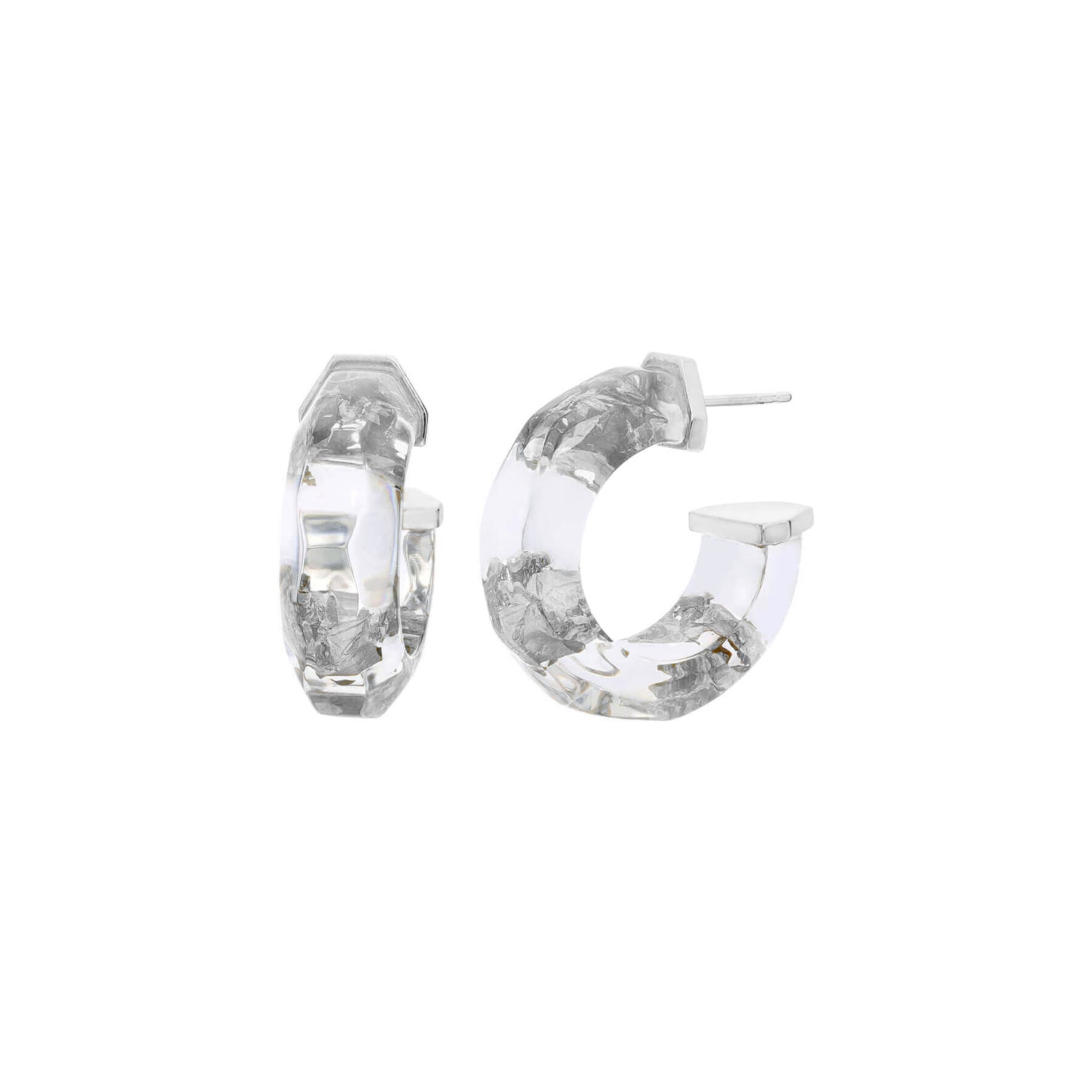 Gold & Honey Women's Silver Leaf Faceted Huggie Hoops In Clear