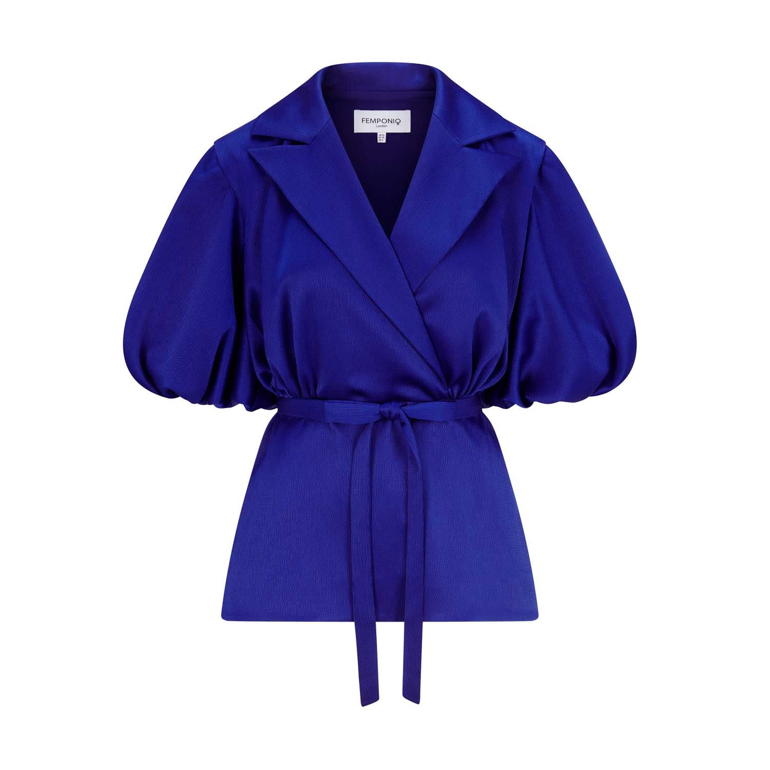 Women’s Draped Puff Sleeve Belted Blouse - Royal Blue Large Femponiq