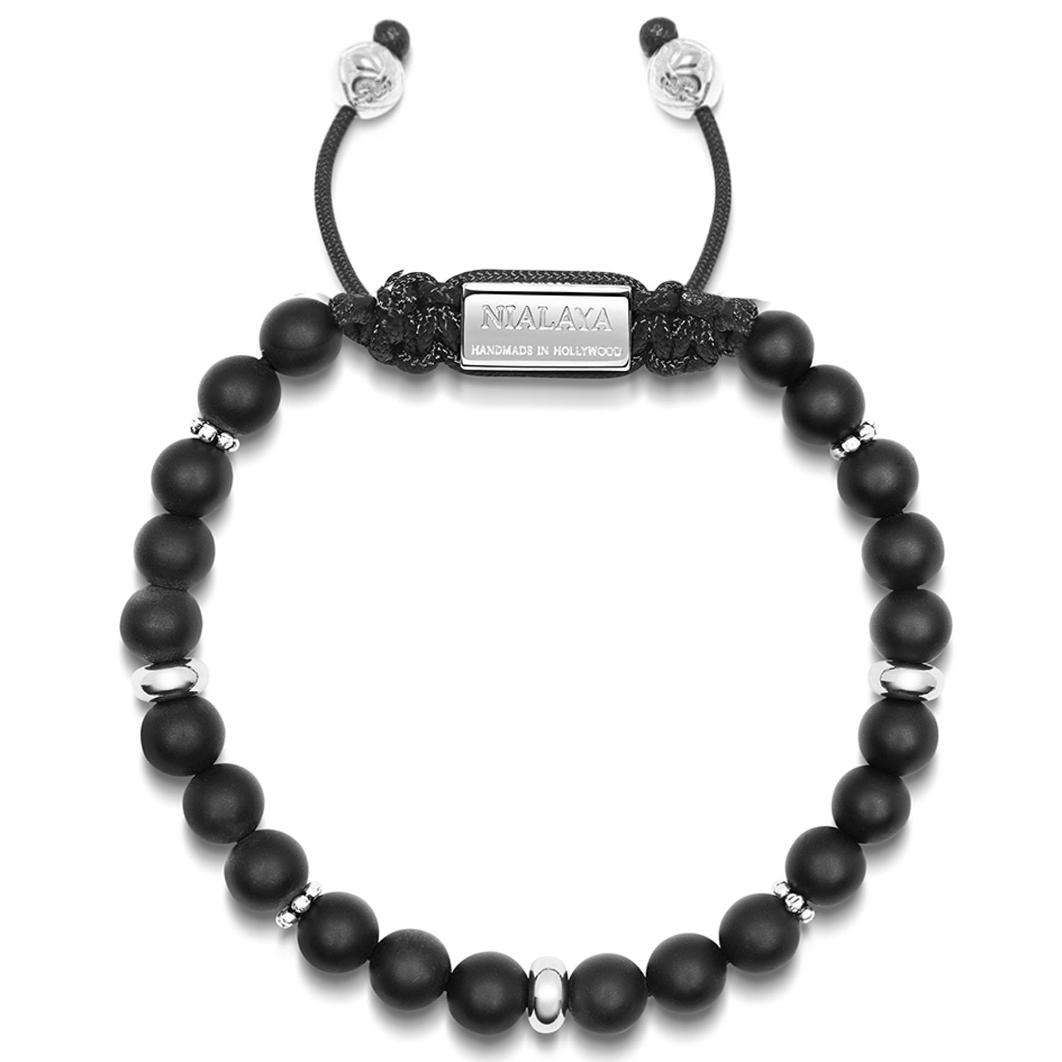 Nialaya Black / Silver Men's Beaded Bracelet With Matte Onyx And Silver