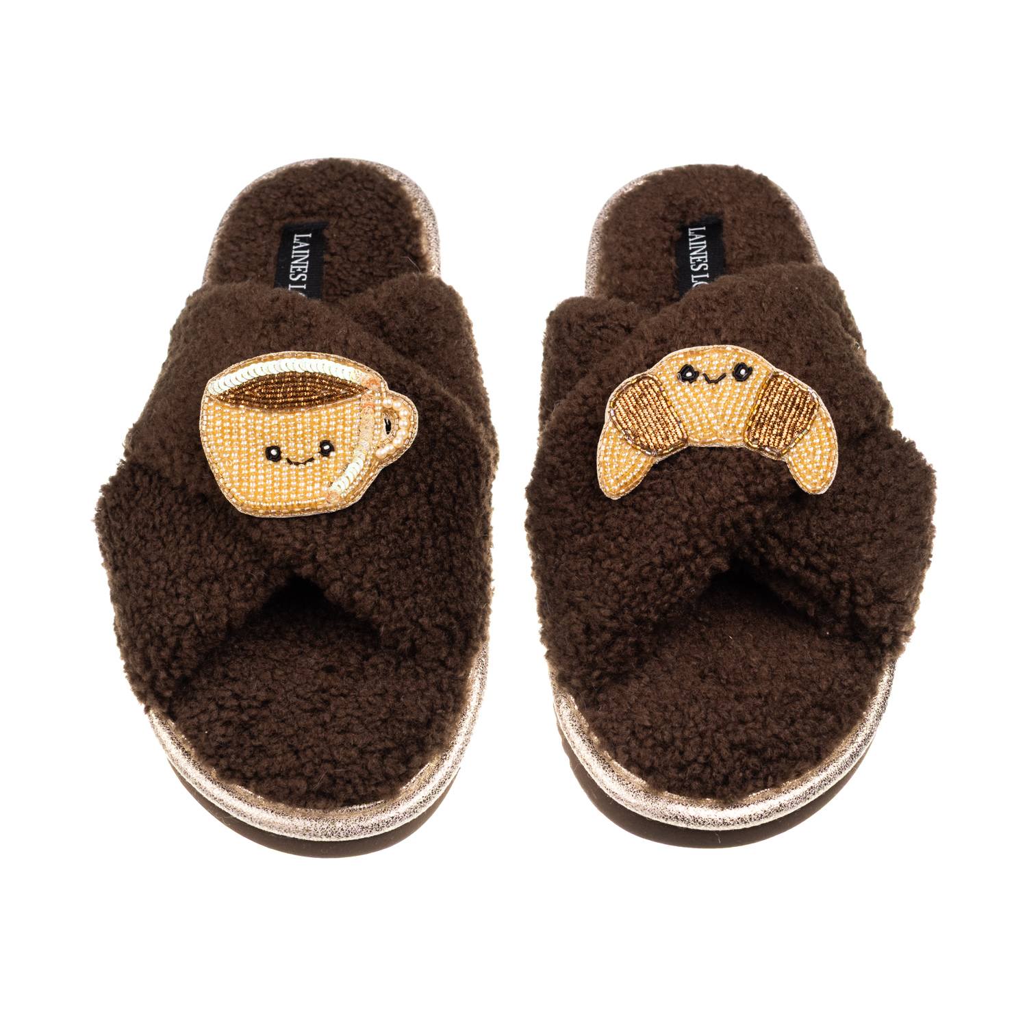 Laines London Women's Brown / Neutrals Laines Boucle Slippers With Laines Loveables Coffee & Croissant Brooches - 