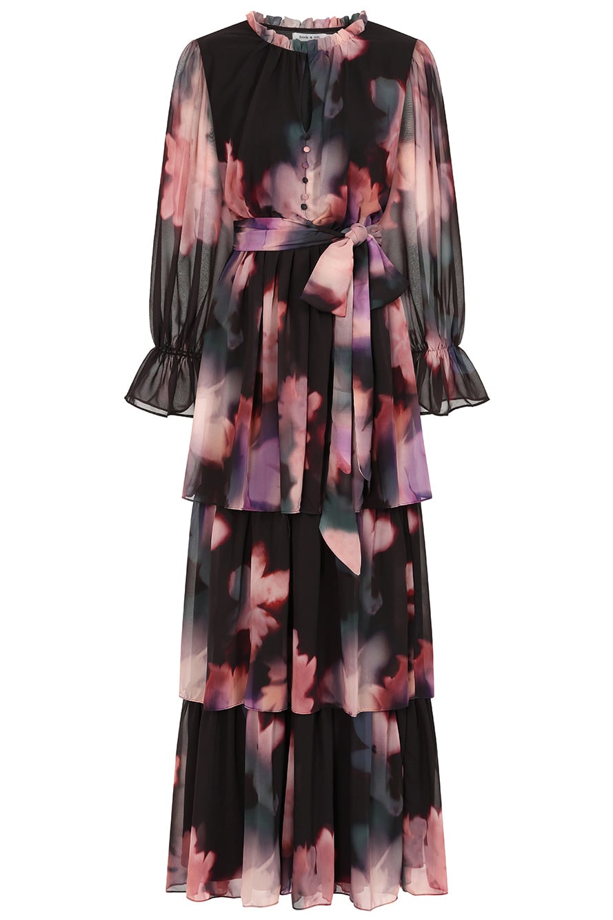 Frock And Frill Women's Reya Black Floral Print Tiered Maxi Dress In Black