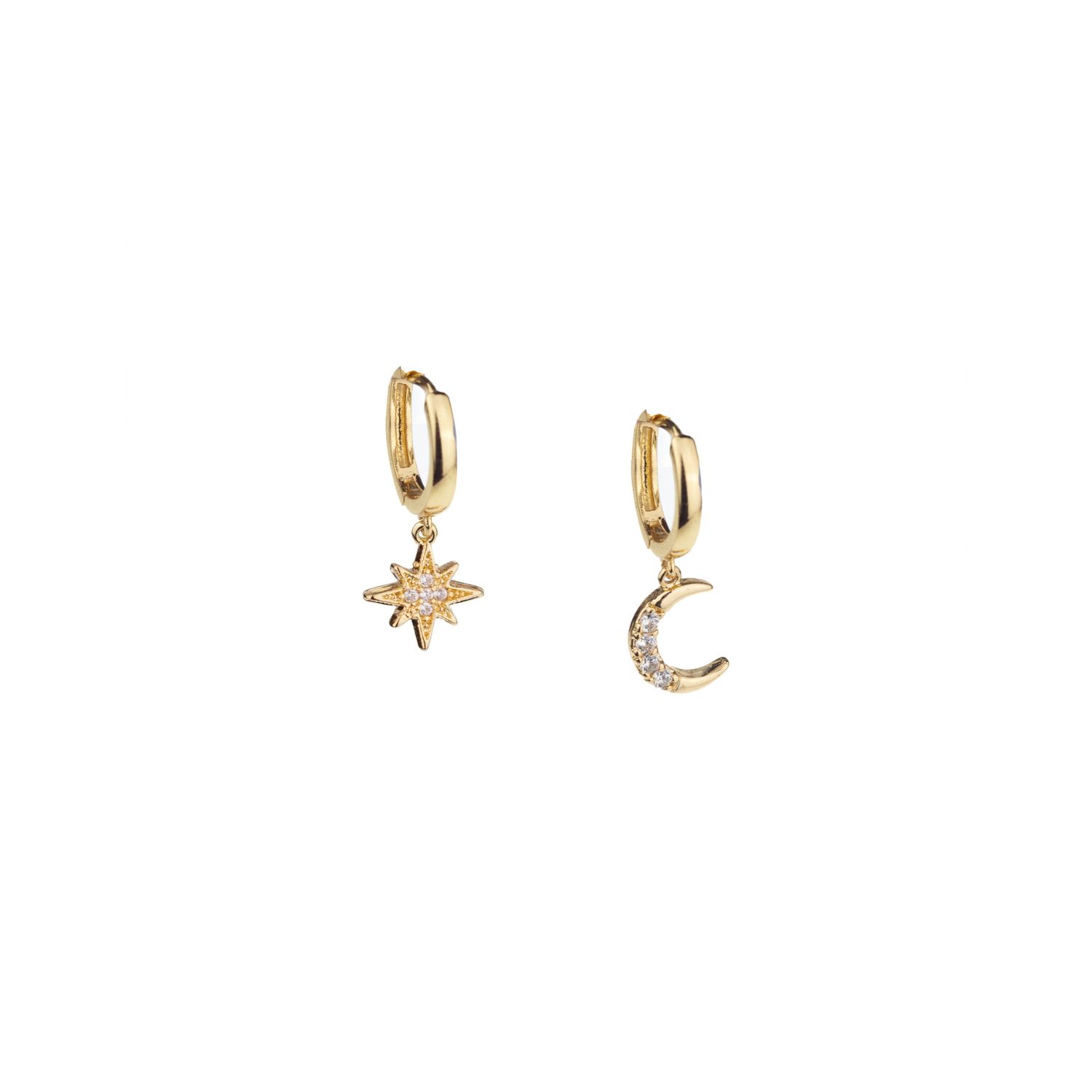 Seven Saints Women's Moon & Star Huggie Hoop Earrings With Drop Charms, Gold Over Sterling Silver