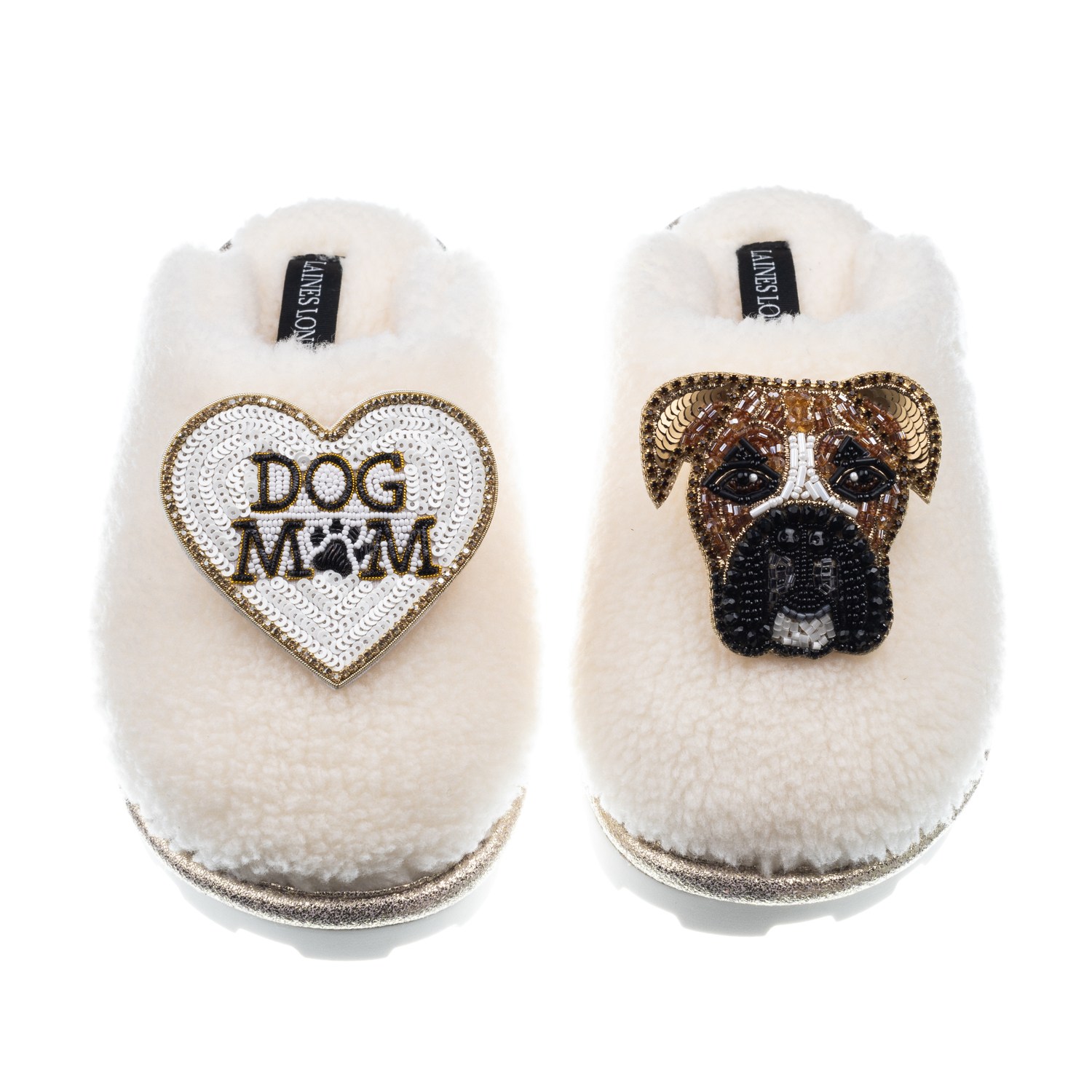 Laines London Women's White Teddy Closed Toe Slippers With Pip The Boxer & Dog Mum / Mom Brooches - Cream