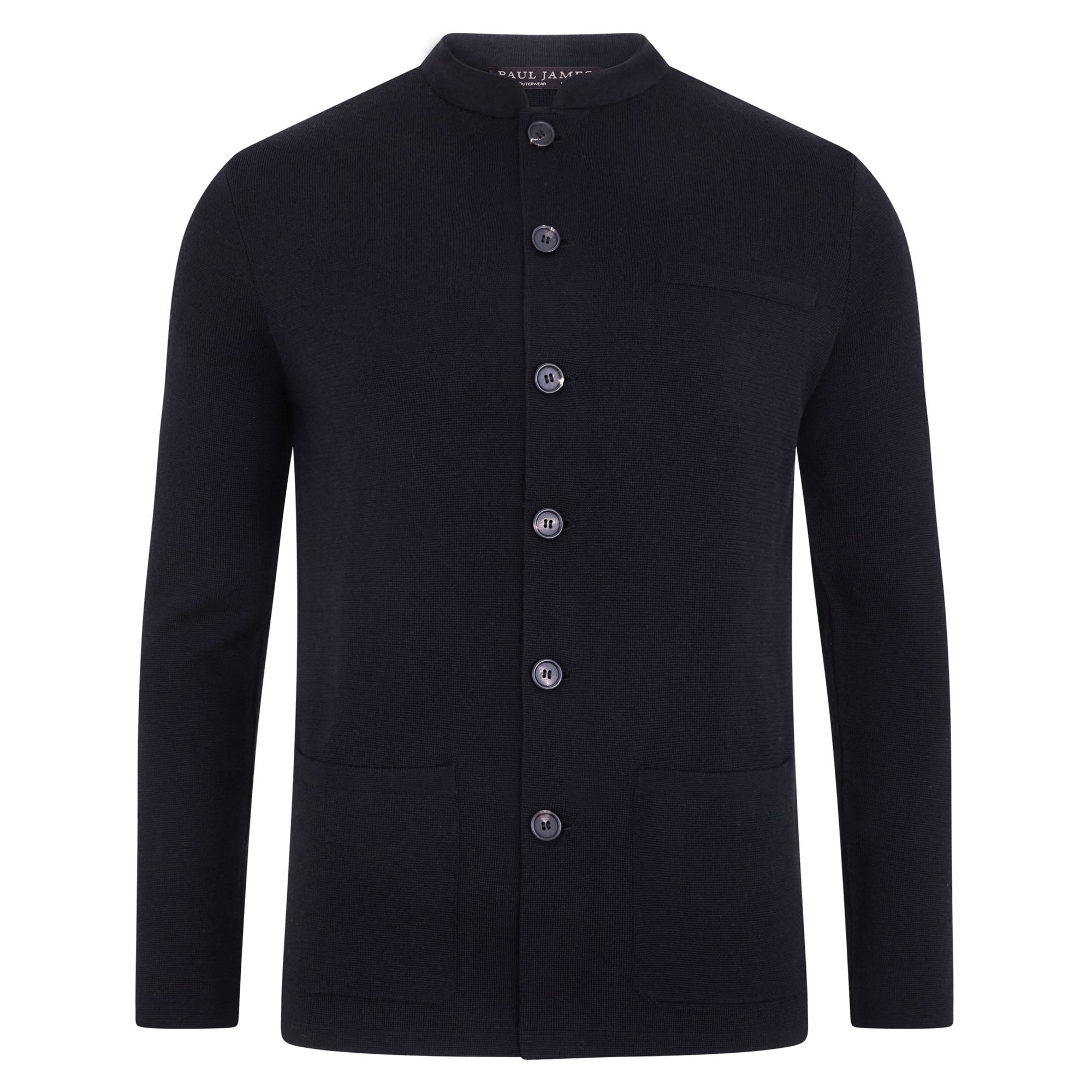 Paul James Knitwear Mens Extra Fine Merino Wool Alonzo Knitted Nehru Jacket - Black