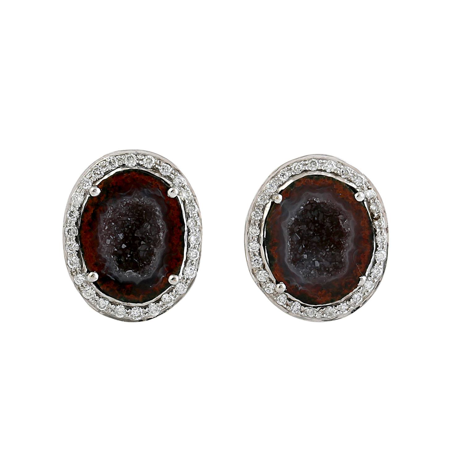 Artisan Women's White / Black Uneven Geode Gemstone & Diamond Stud Earrings In White Gold