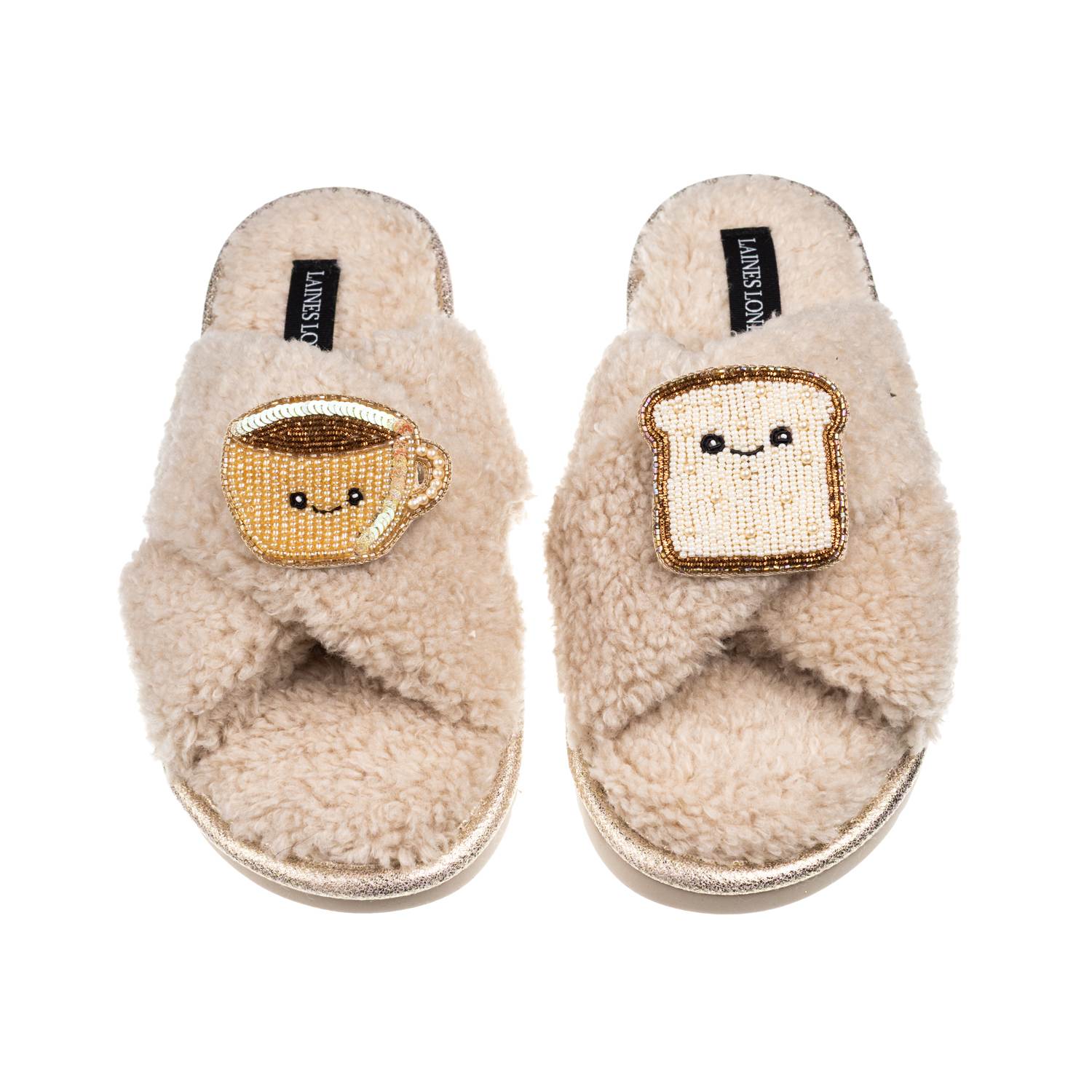 Laines London Women's Brown / Neutrals Laines Boucle Slippers With Laines Loveables Tea & Toast Brooches - Oatmeal