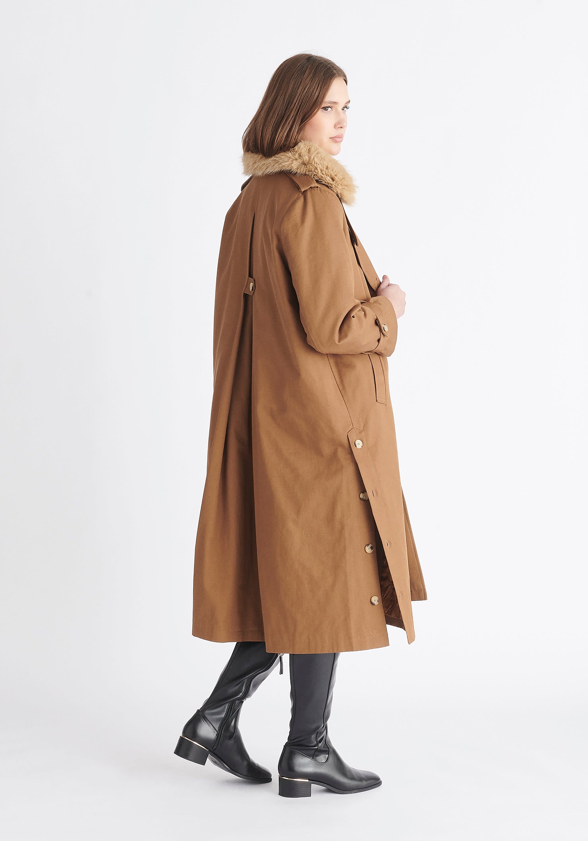 FAUX FUR COLLAR COAT - CAMEL