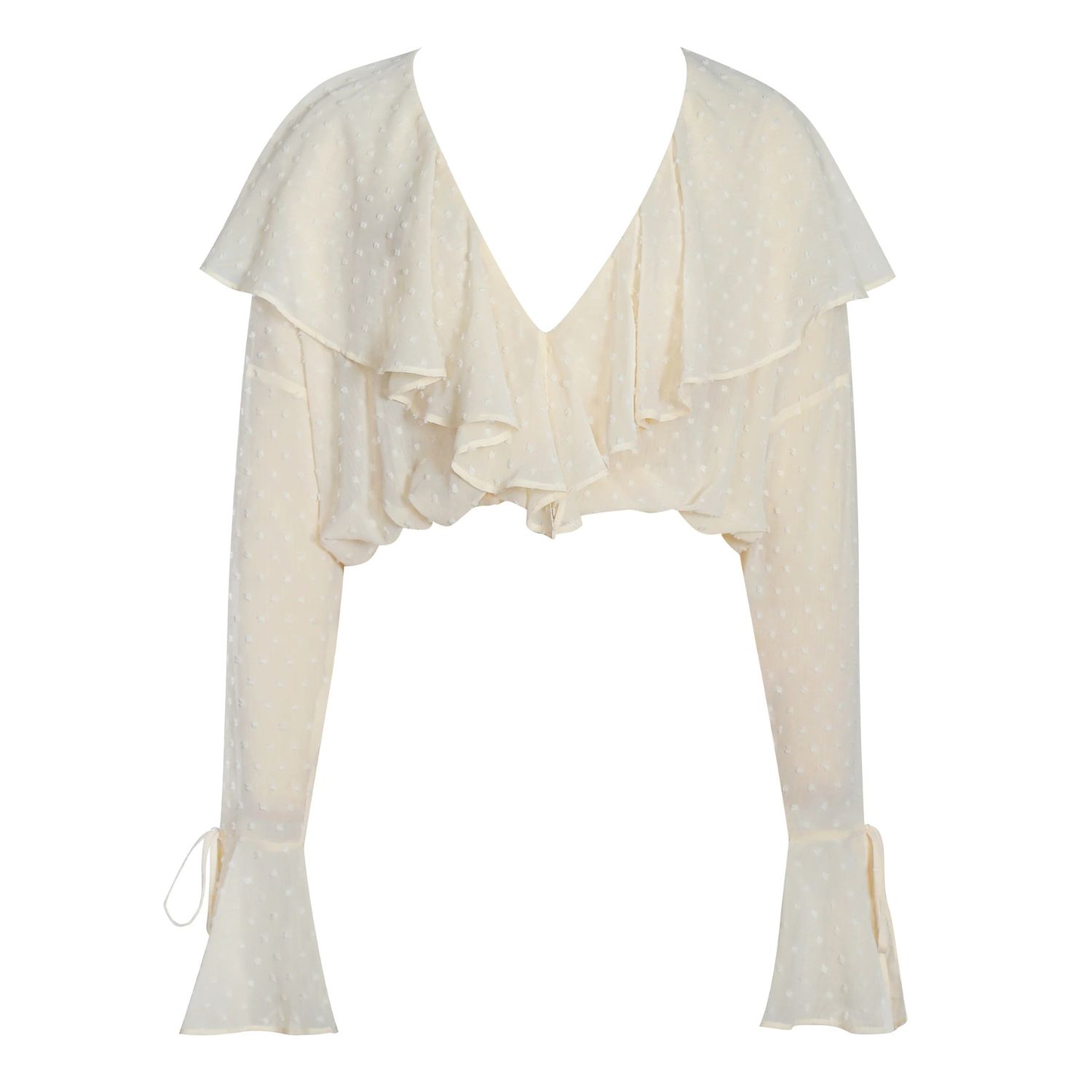 Miss Circle New York Women's White Magali Beige Dotted Mesh Ruffle V Collar Top In White