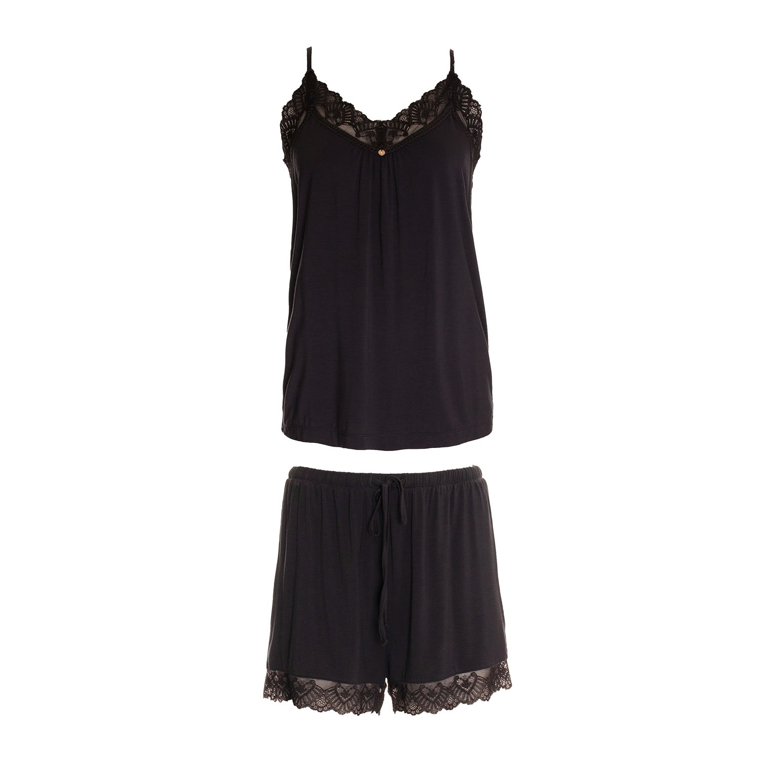 Pretty You Women's Black Bamboo Lace Cami Short Pyjama Set In Raven In Black