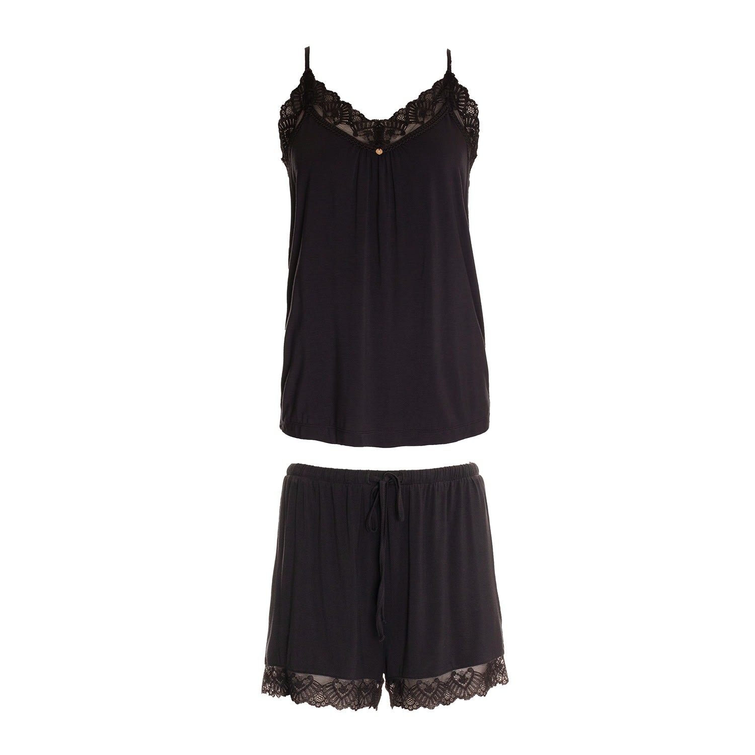 Pretty You Women's Black Bamboo Lace Cami Short Pyjama Set In Raven