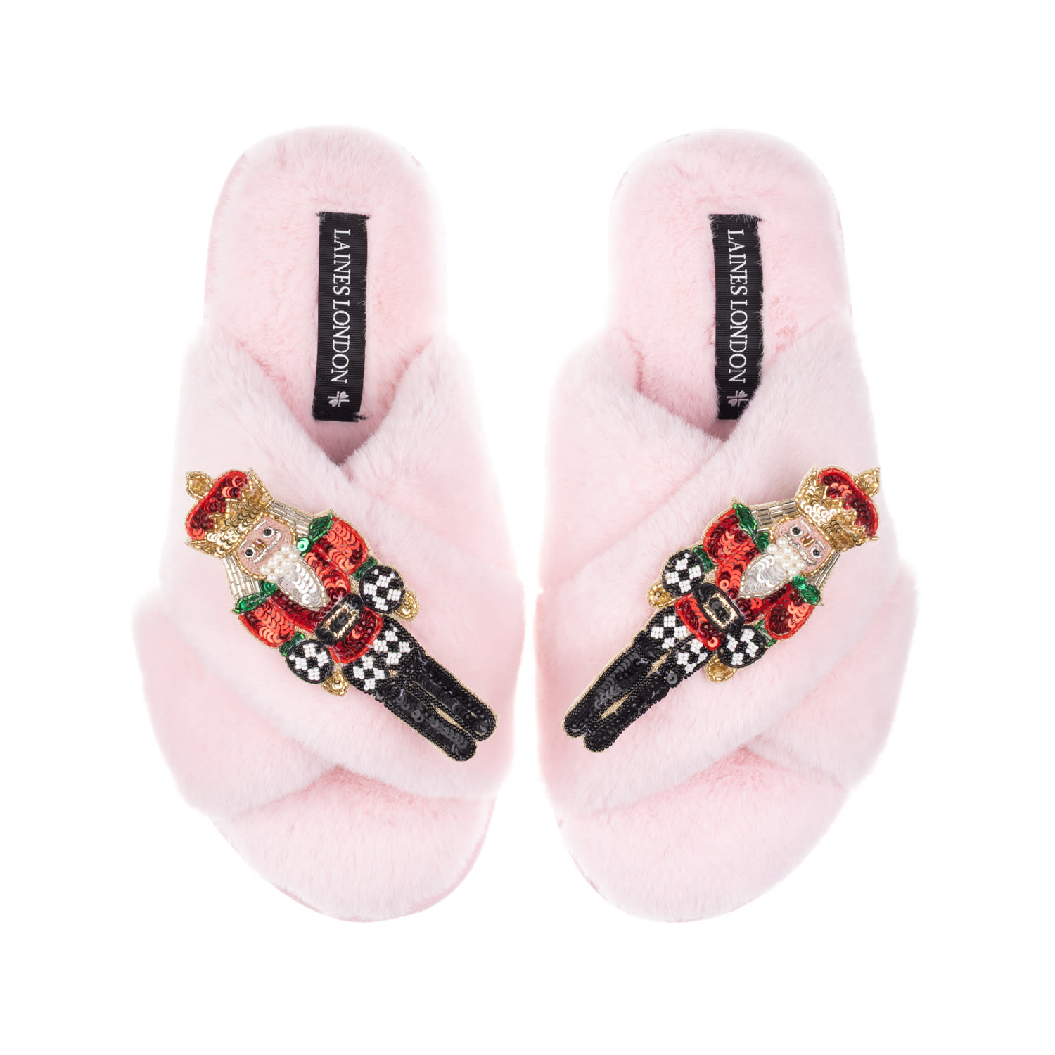 Laines London Women's Classic Laines Christmas Collection Slippers With Double Red Grand Nutcrackers Brooches - Pi In Pink