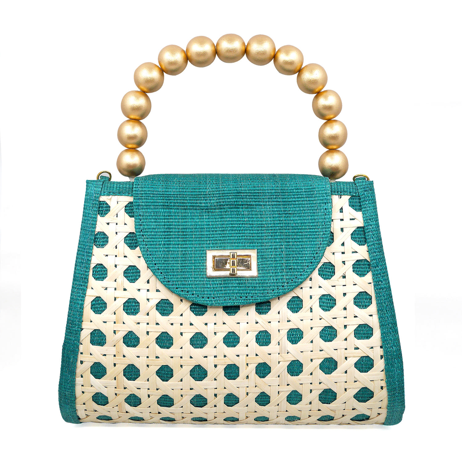 Women’s The Sienna Emerald Green & Gold Rattan Woven Handbag Soli & Sun