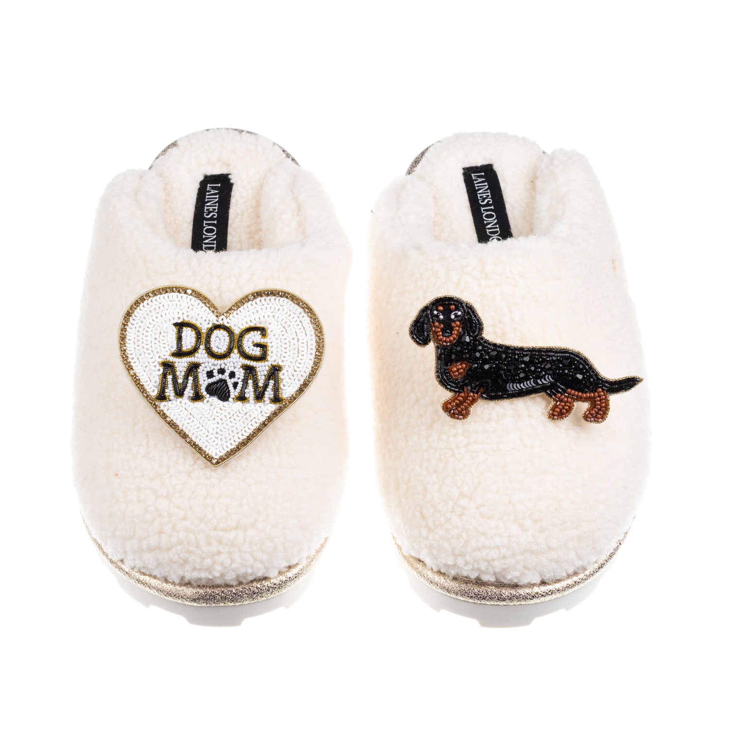 Laines London Women's Neutrals / White Teddy Closed Toe Slippers With Dog Mum/mom & Black & Tan Dachshund Brooches In White