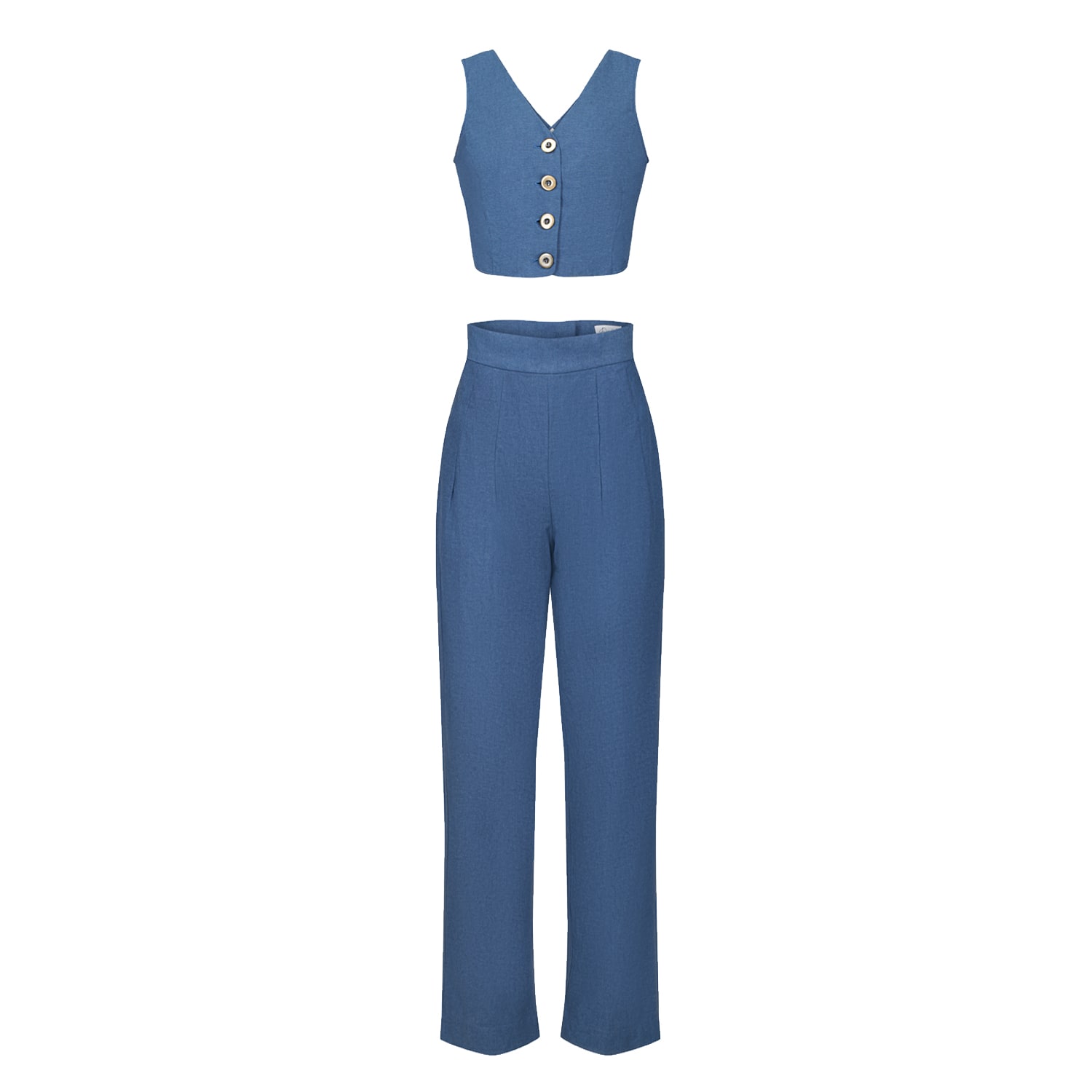 Shop Deer You Esme Enchanting Crop Top & Tailored Pant In Blue Chambray