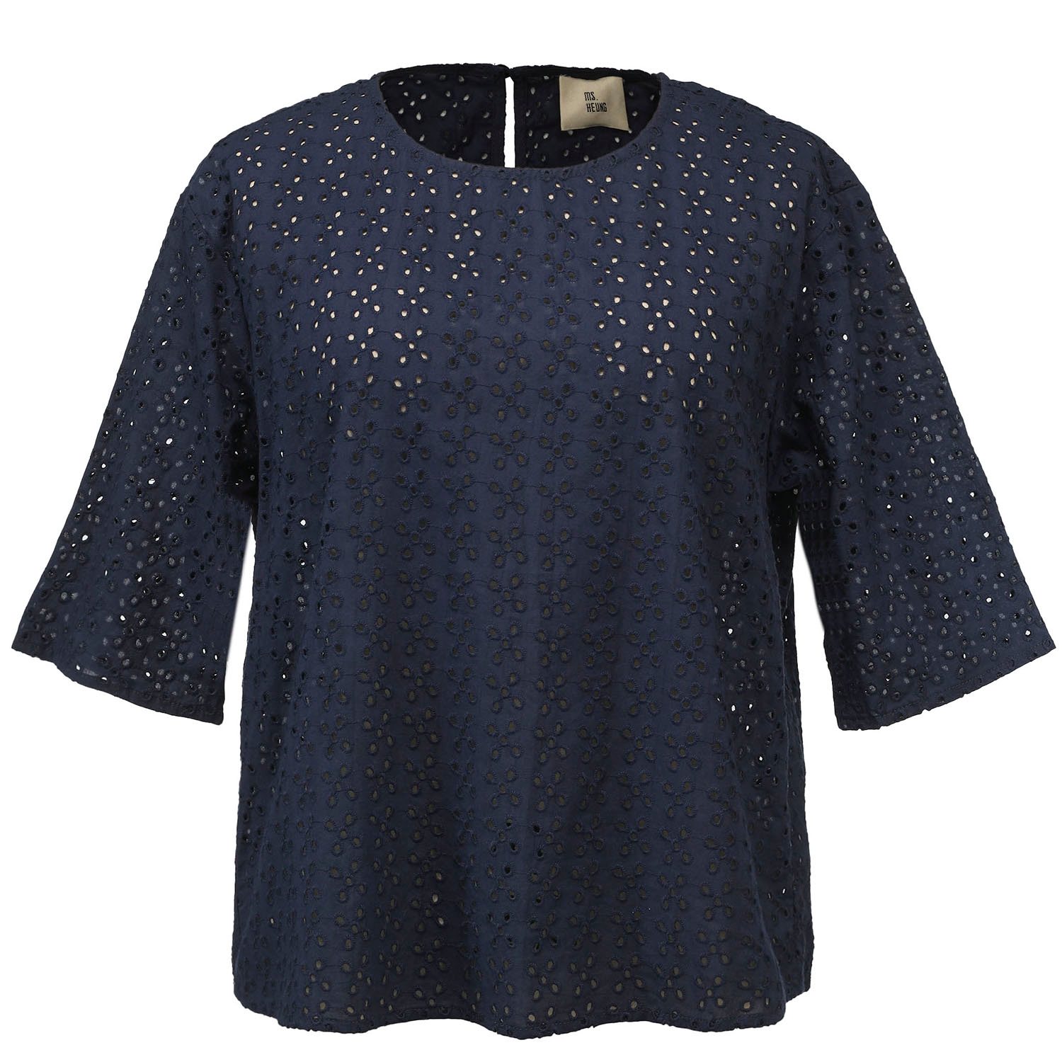 Smart And Joy Women's Blue Eyelet Cotton Lace Loose Blouse - Navy