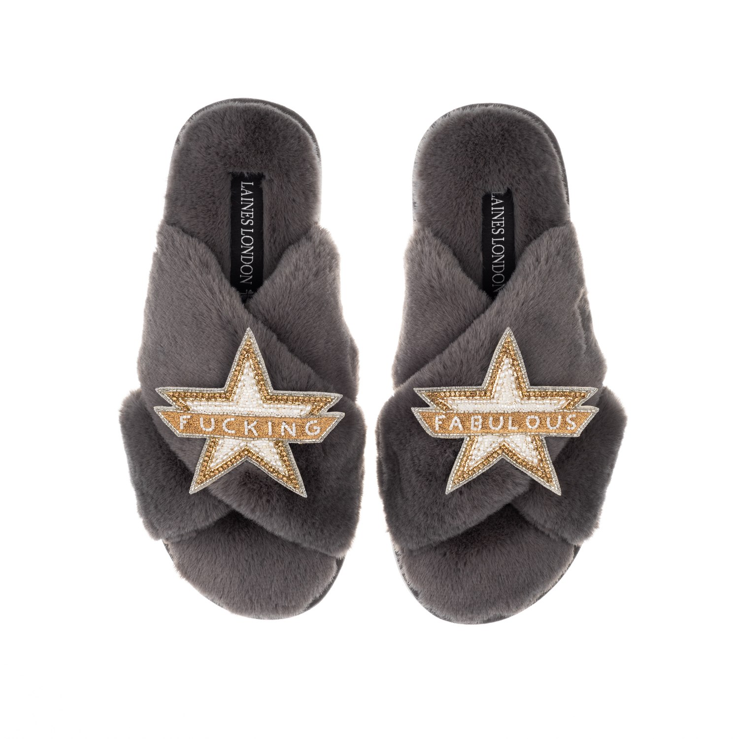 Laines London Women's Classic Laines Slippers With Fucking Fabulous Brooches - Grey In Grey
