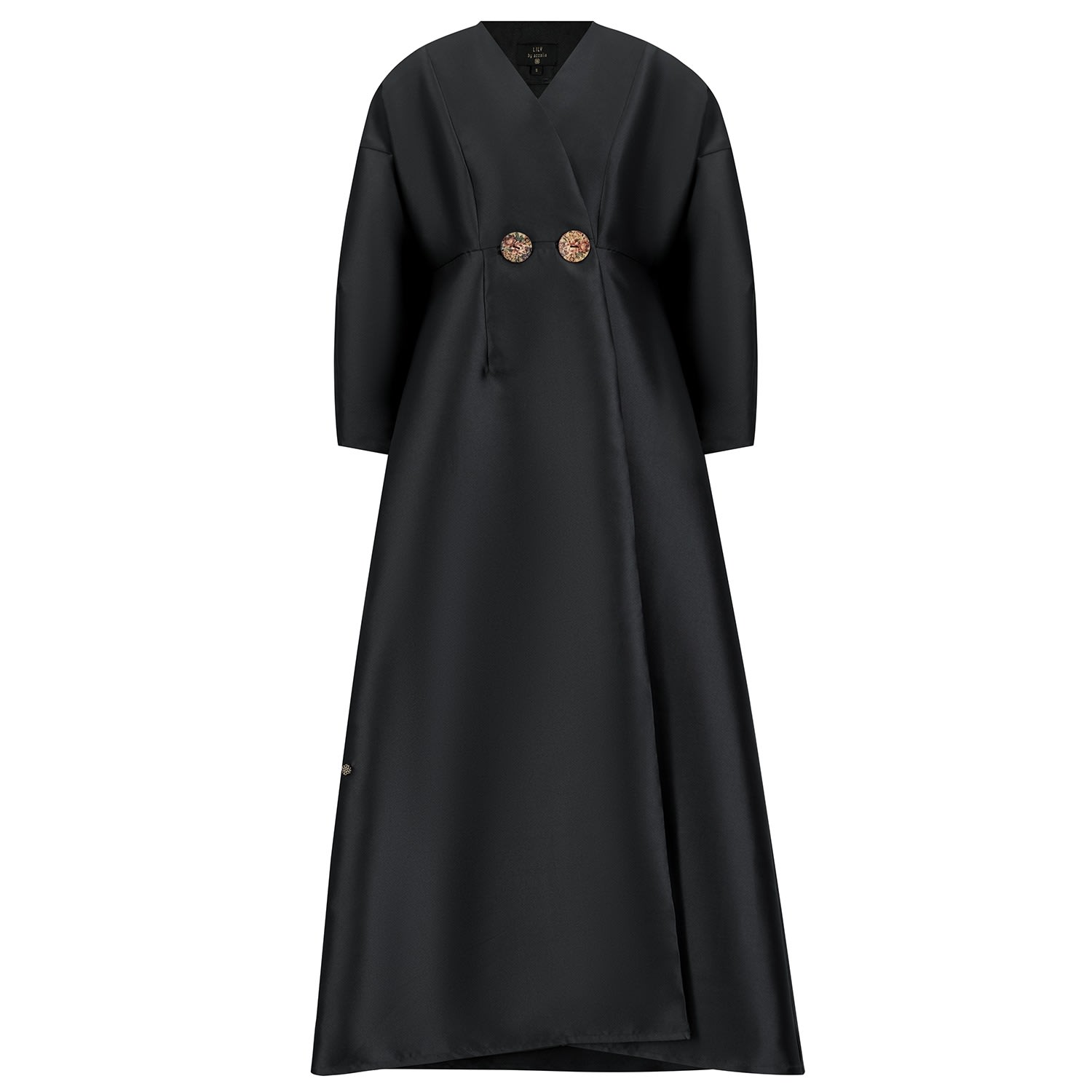 Azzalia Women's Black Mikado Abaya With Egg Sleeves Overlapped And Secured With Hand Made Painted Buttons In Black