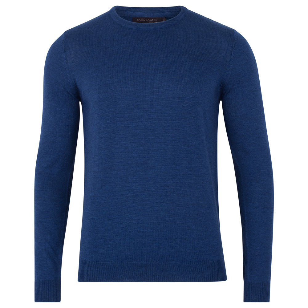 Paul James Knitwear Blue Mens Extra Fine Merino Wool Callington Crew Neck Jumper -  Indigo In Blue