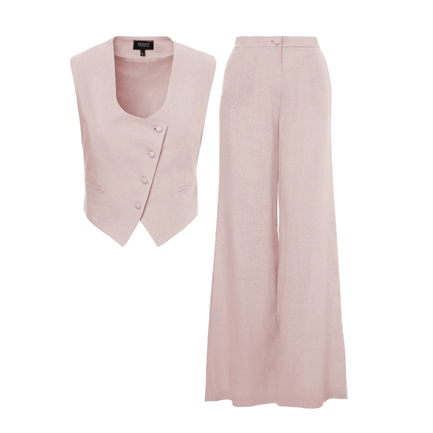 Women’s Pink / Purple Pastel Pink Linen Suit With Cut-Out Vest And Straight-Cut Trousers Extra Small Bluzat