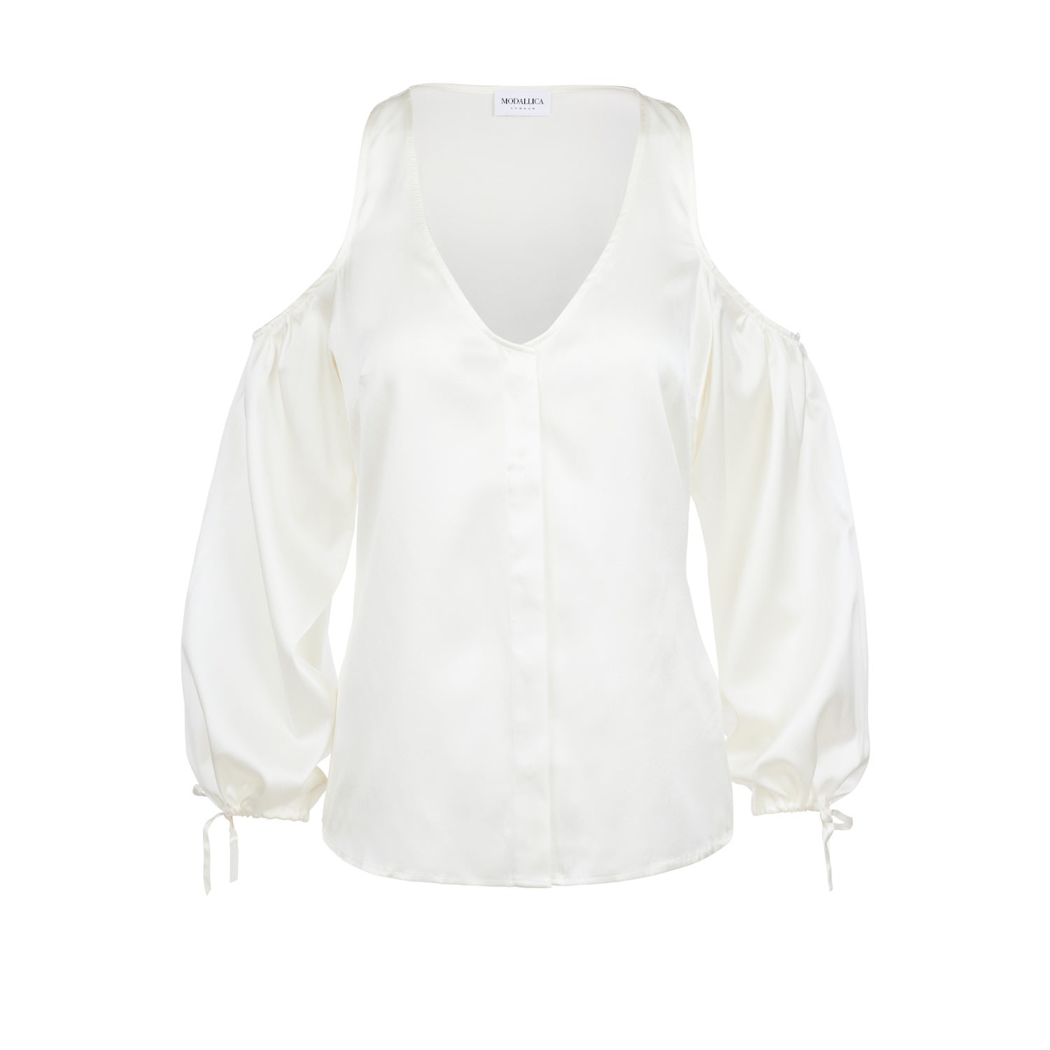 Modallica Women's Lu - White Organic Peace Silk Blouse With Cold Shoulder In White