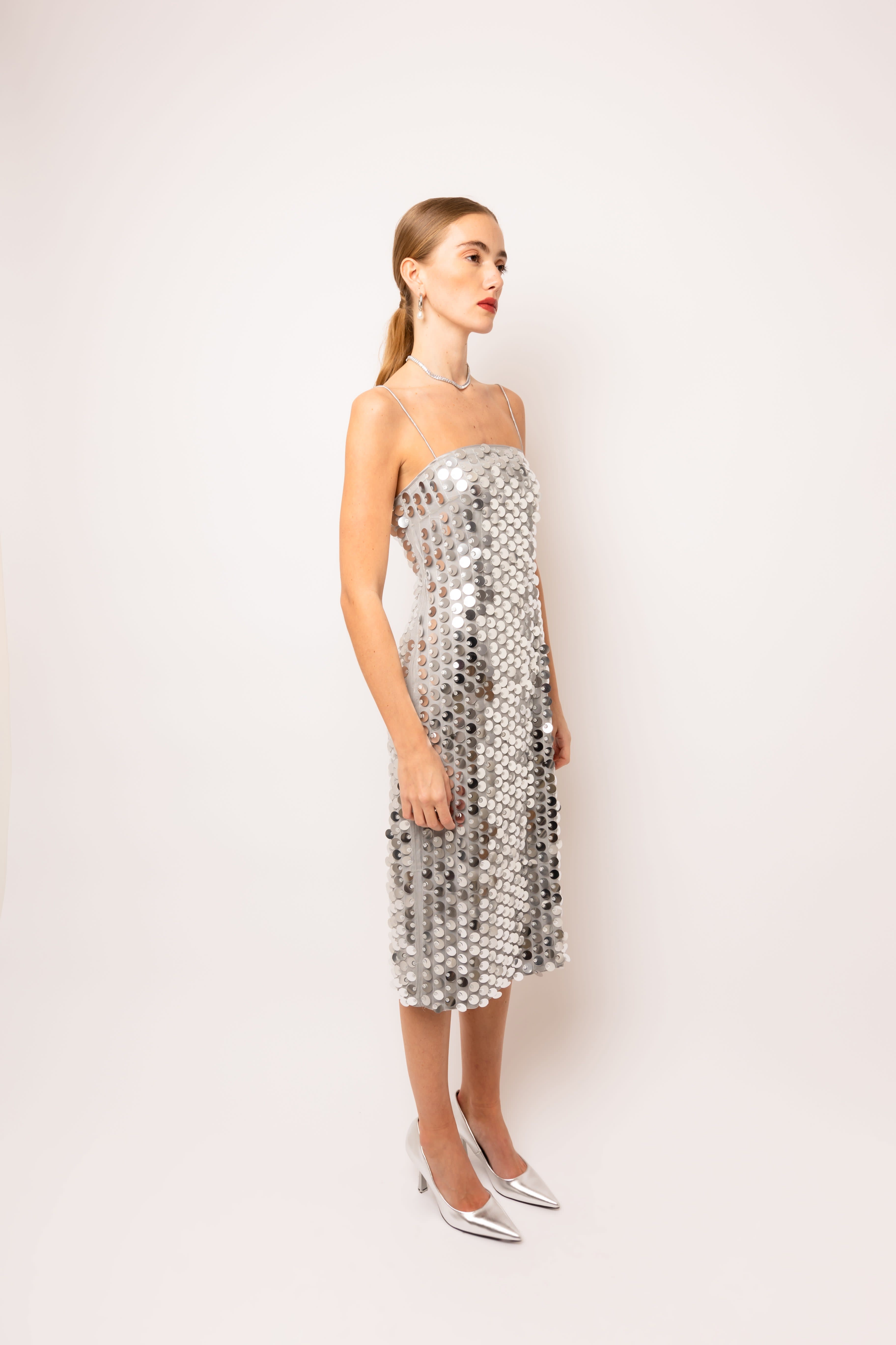 パーティードレス Silver Silk Midi Dress Farley Silver Sequin Midi Dress | AMY LYNN | Wolf & Badger