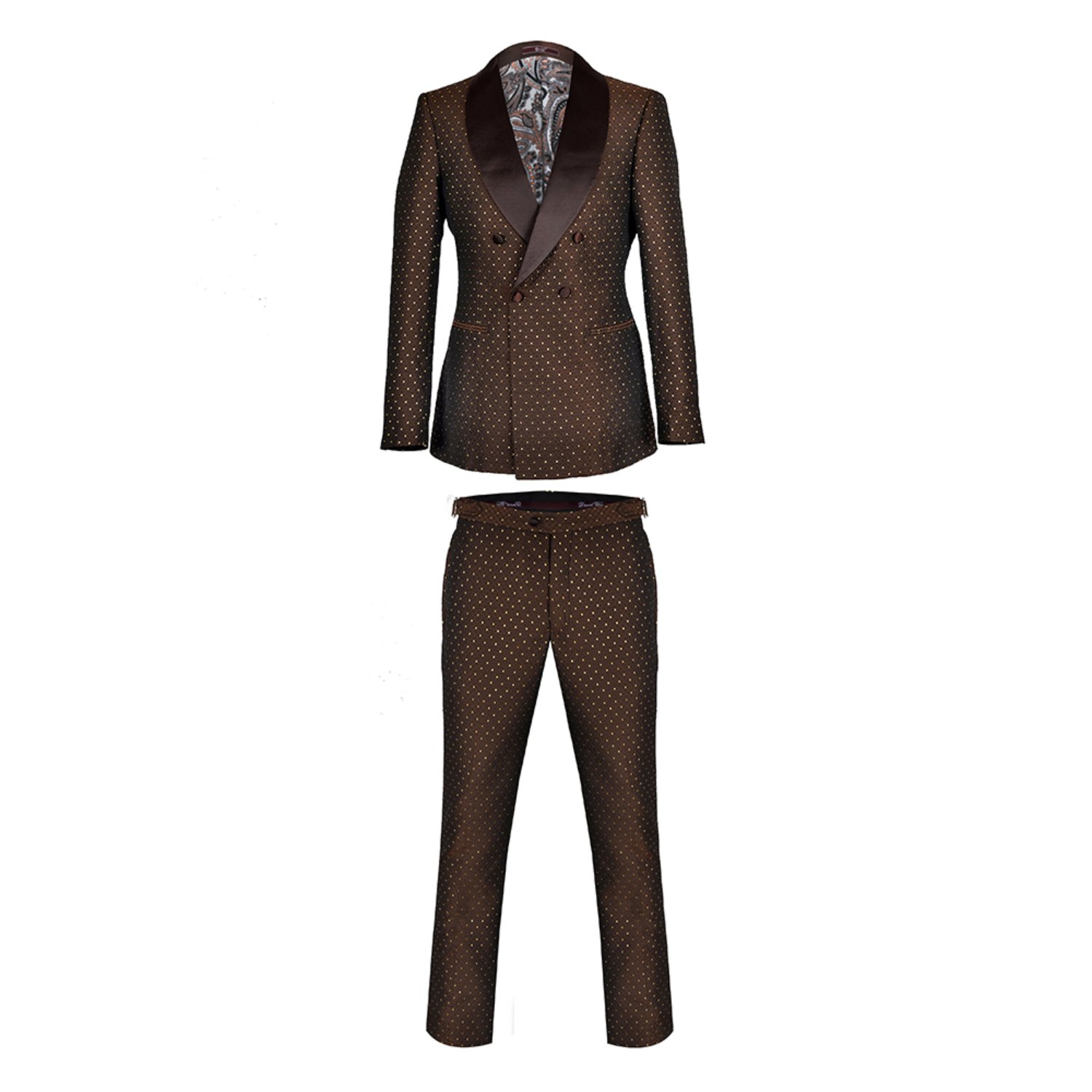 Men’s David Wej Signature Double Breasted Shawl Lapel Dotted Jacquard Tuxedo - Brown M