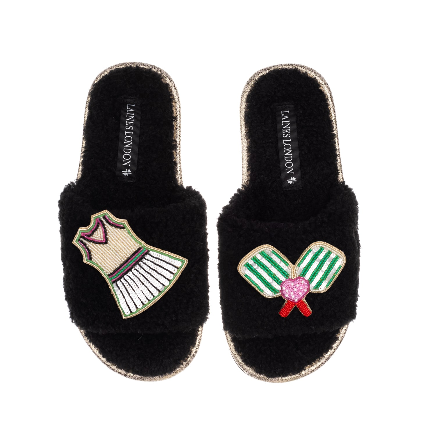 Laines London Women's Teddy Toweling Slipper Sliders With Pickleball Brooches - Black In Black