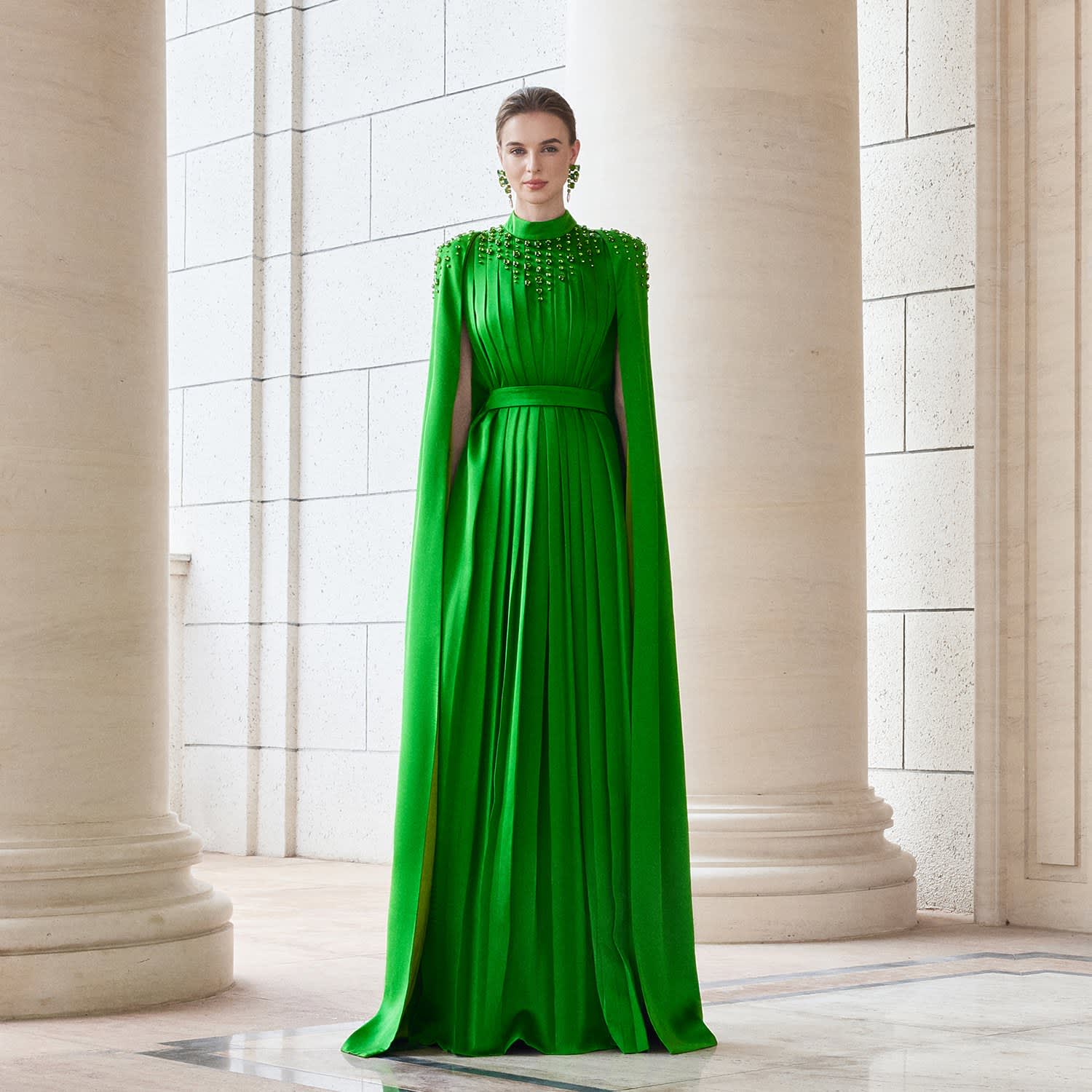 Emerald Long Pleated Trapeze Dress With Shoulder Cape | I.H.F Atelier |  Wolf & Badger