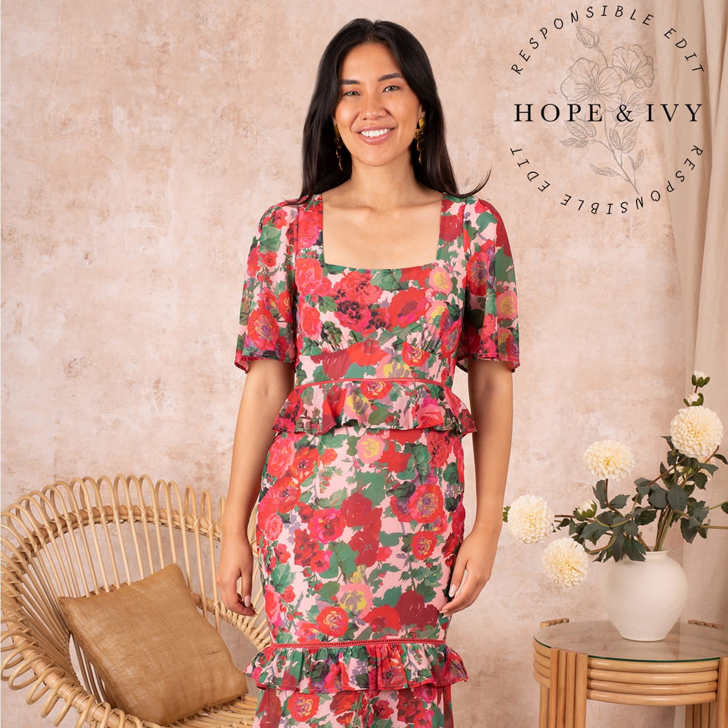 The Virginia Square Neck Peplum Waist Midi Dress With Ladder Trim by Hope  and Ivy