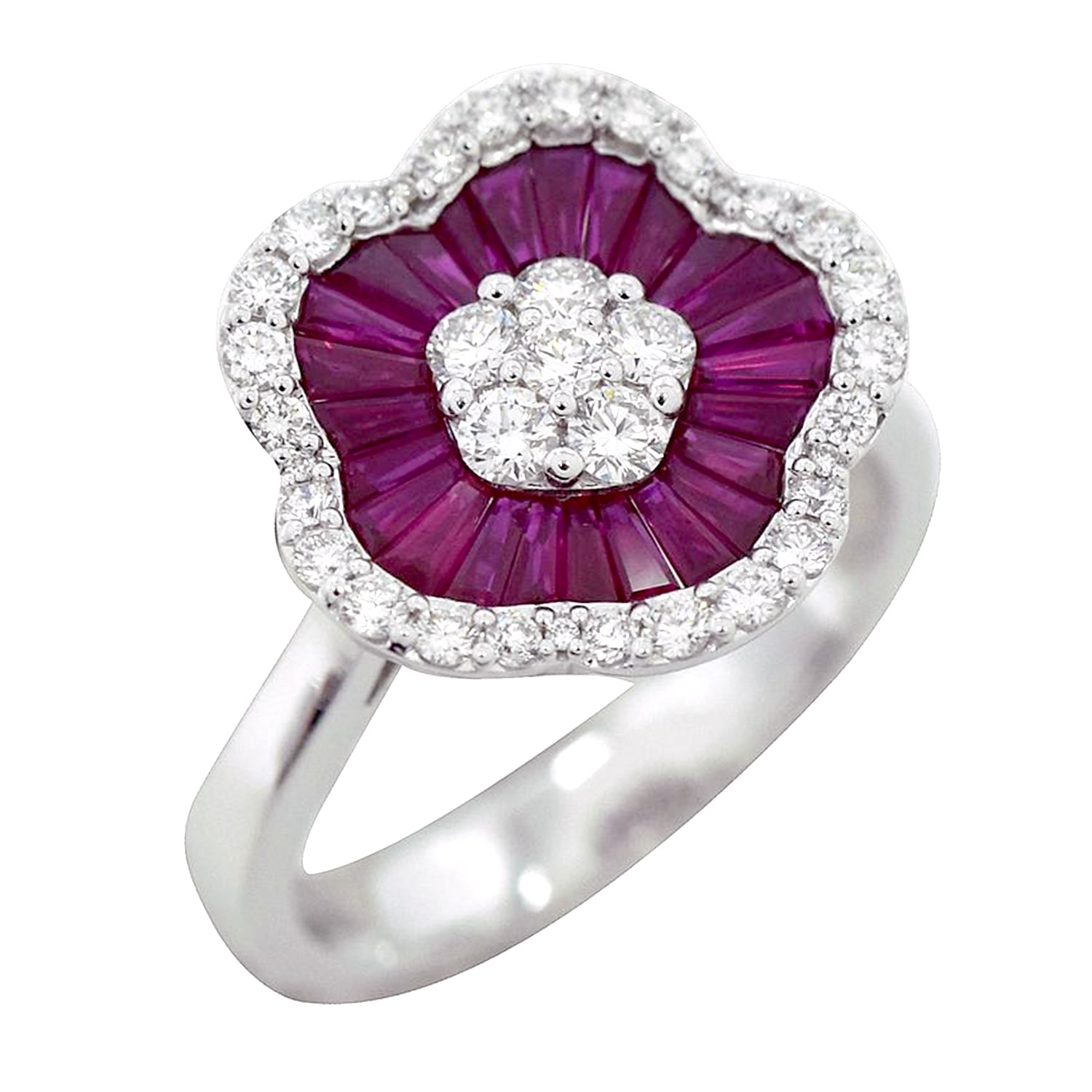 Women’s White / Red 18K White Gold In Natural Baguette & Pave Diamond Stylized Flower Cocktail Ring Artisan