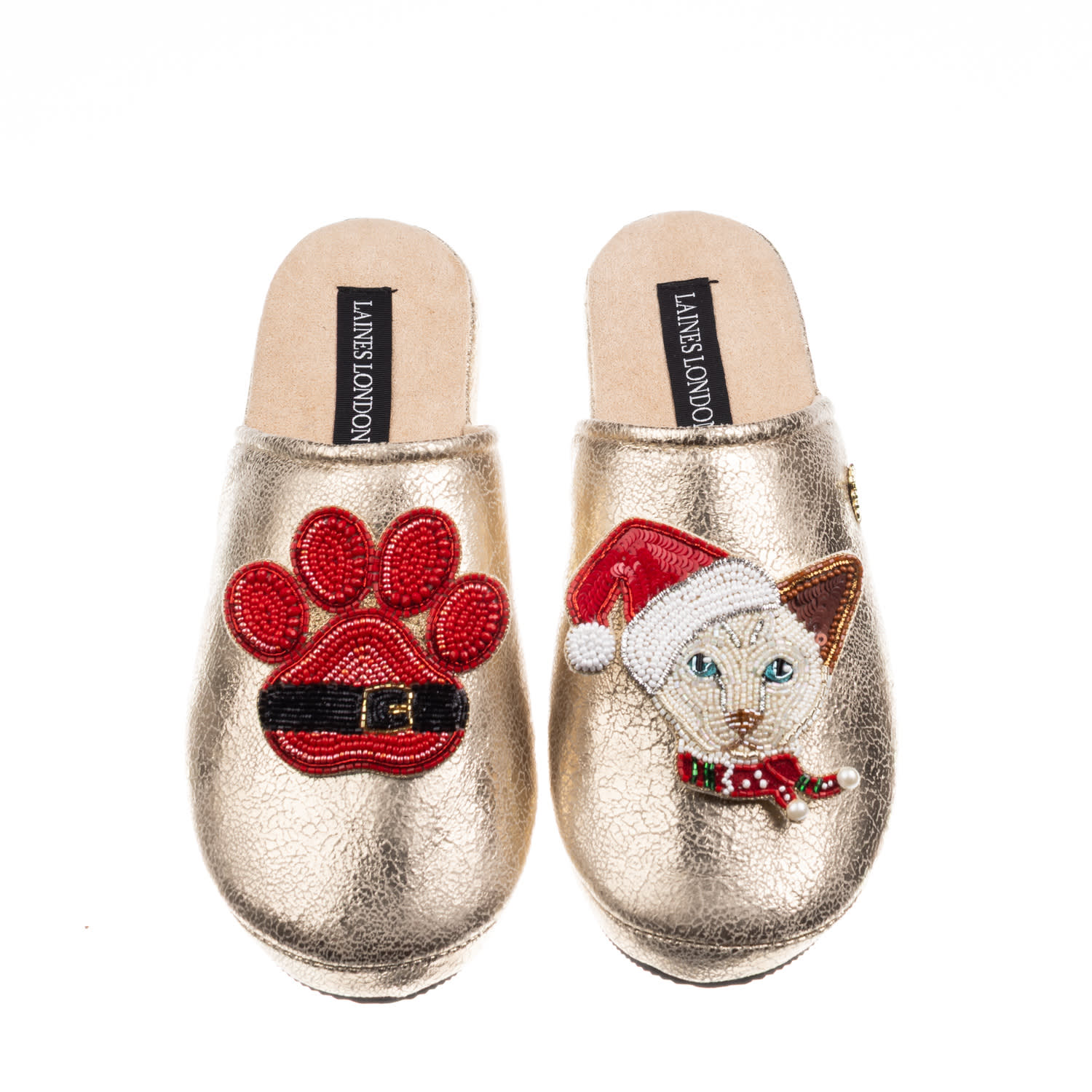 Laines London Women's Gold Softie Slippers With Christmas White Siamese Cat & Paw Brooches In Gold