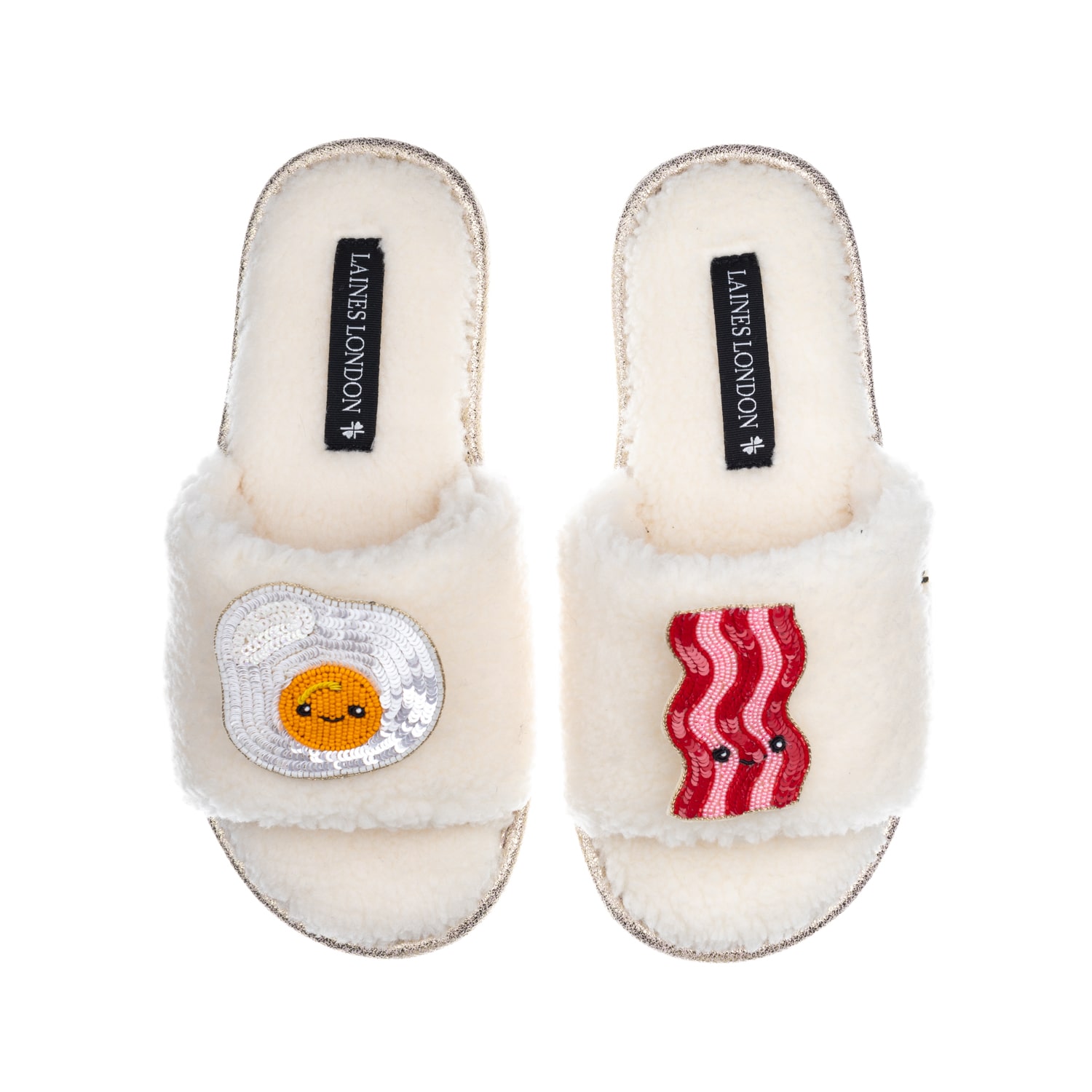Laines London Women's White Classic Slippers With Laines Loveables Egg & Bacon Brooches - Cream In White