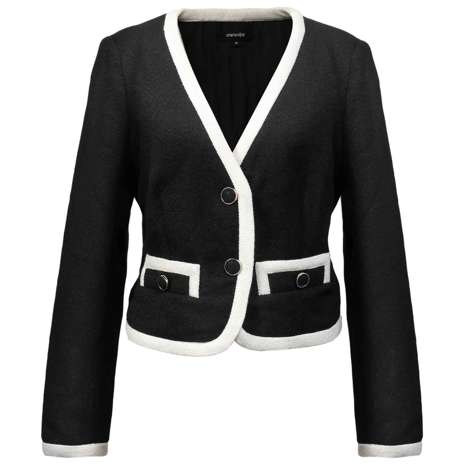 Smart And Joy Women's Contrasting Bias Short Jacket - Black In Black