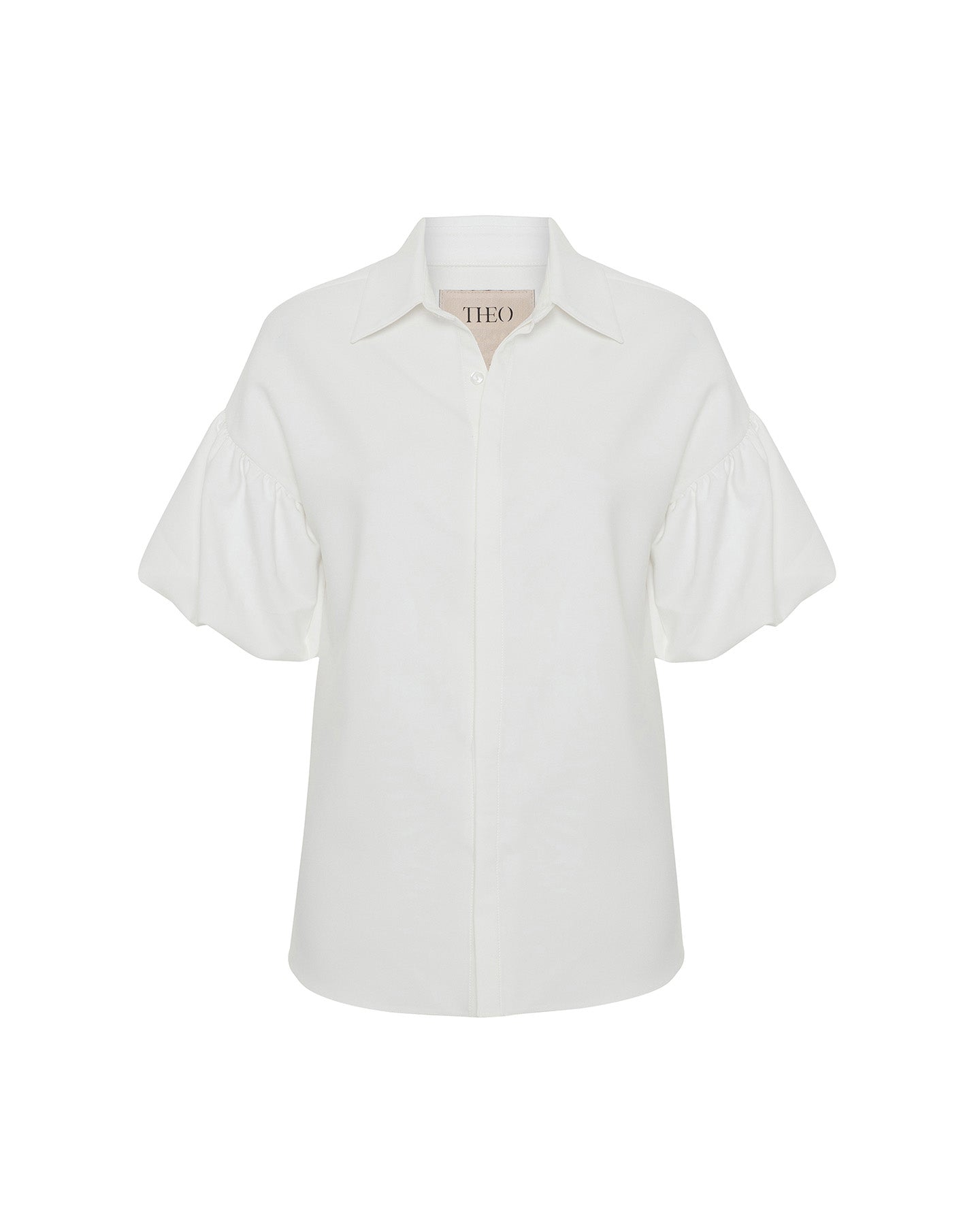Theo The Label Women's White Atlas Bouffant Short Sleeve Shirt In White