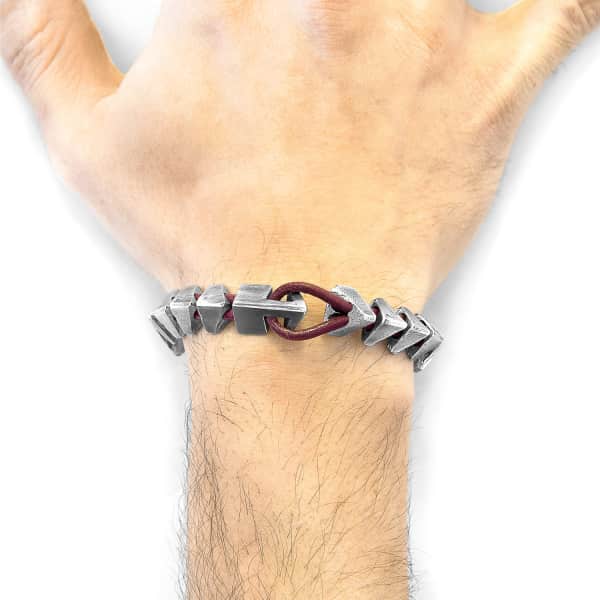 Anchor & Crew Red Bordeaux Brixham Maxi Silver & Round Leather Bracelet In Leather