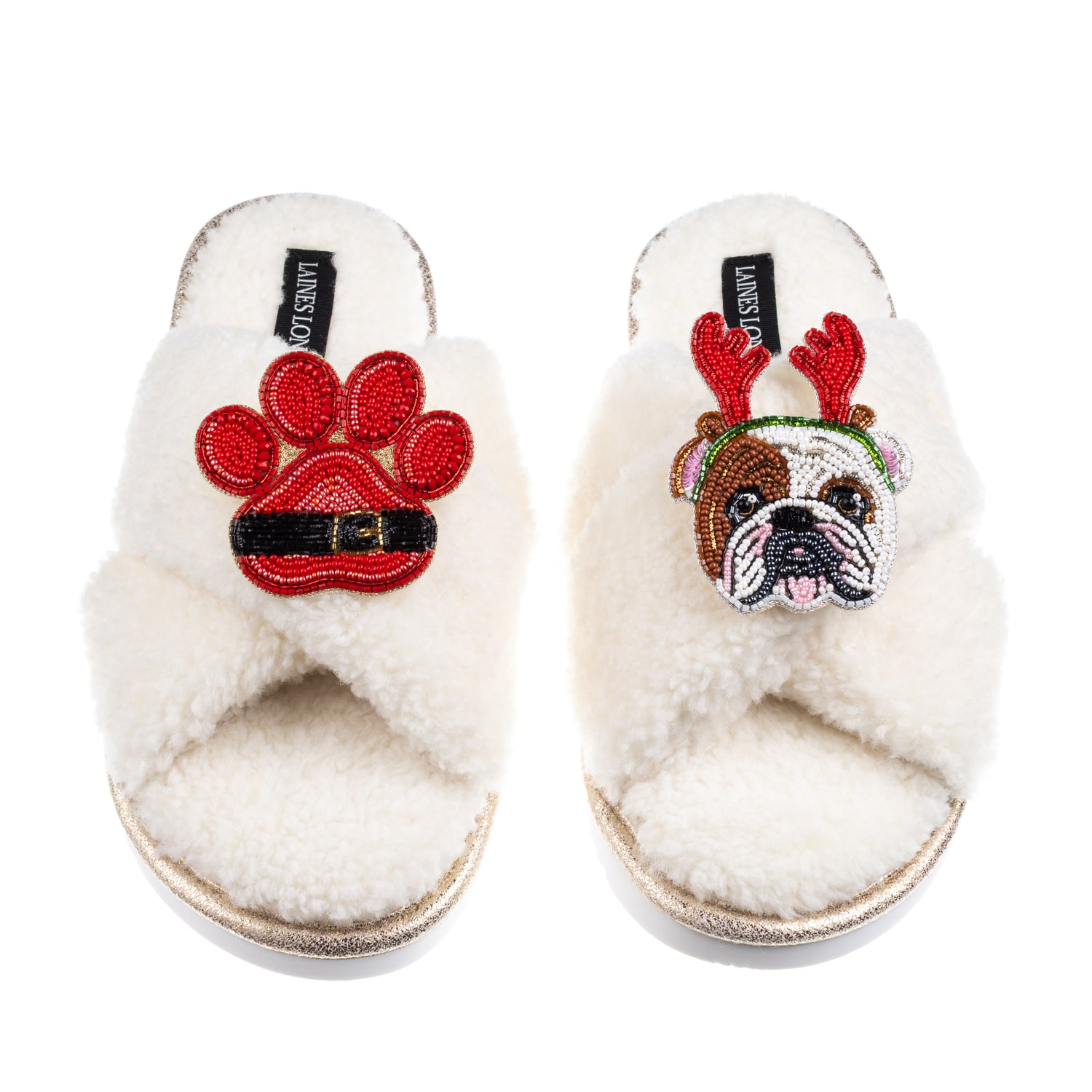 Laines London Women's Neutrals / White Laines Boucle Slippers With Christmas British Bulldog & Paw Brooches - Crea In White