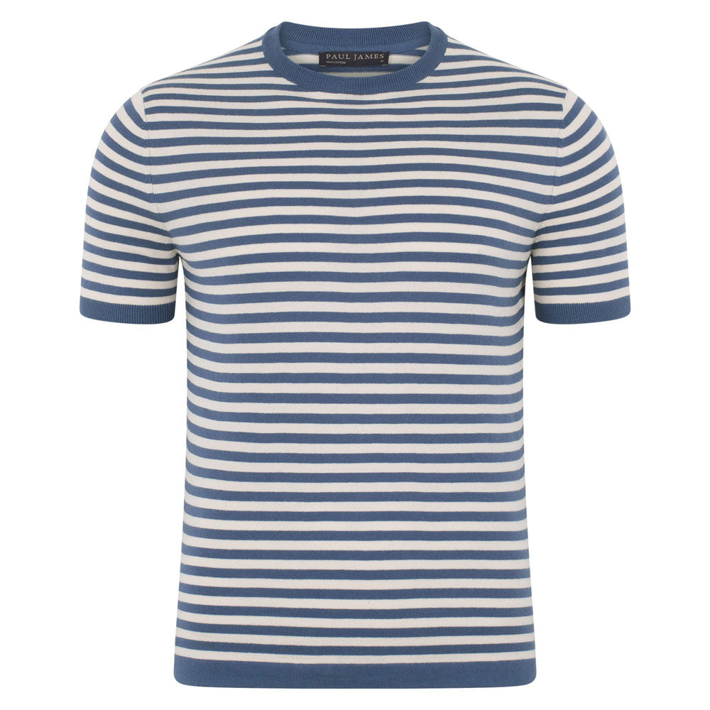 Mens Ultra-Fine Cotton Miguel Knitted Breton T-Shirt - Indigo Blue | Extra Large | Paul James Knitwear