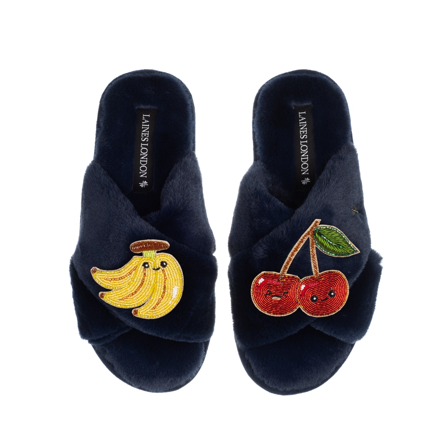 Laines London Women's Blue Classic Slippers With Laines Loveables Banana & Cherry Brooches - Navy In Blue